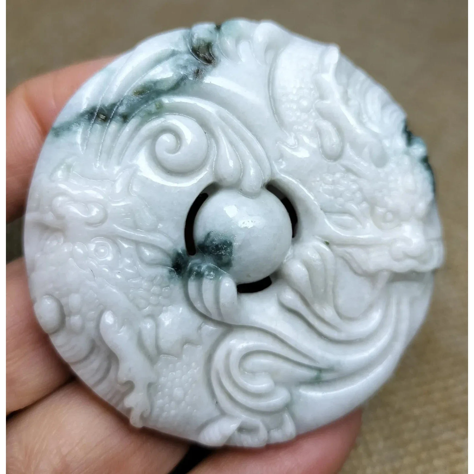 Certified Green Lavender Natural Type A Jade Jadeite Carved Dragon Bead Pendant - Image 2