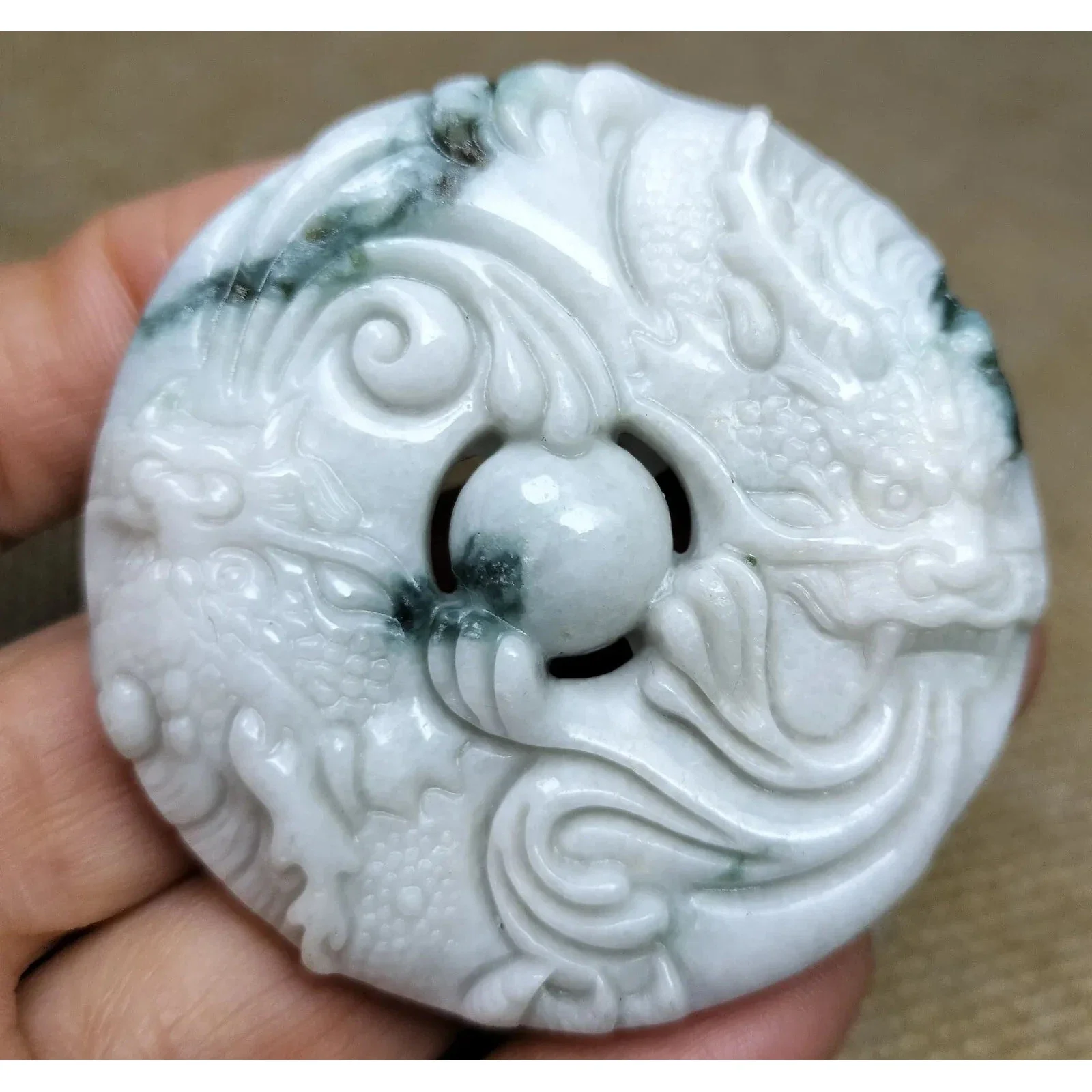Certified Green Lavender Natural Type A Jade Jadeite Carved Dragon Bead Pendant - Image 3