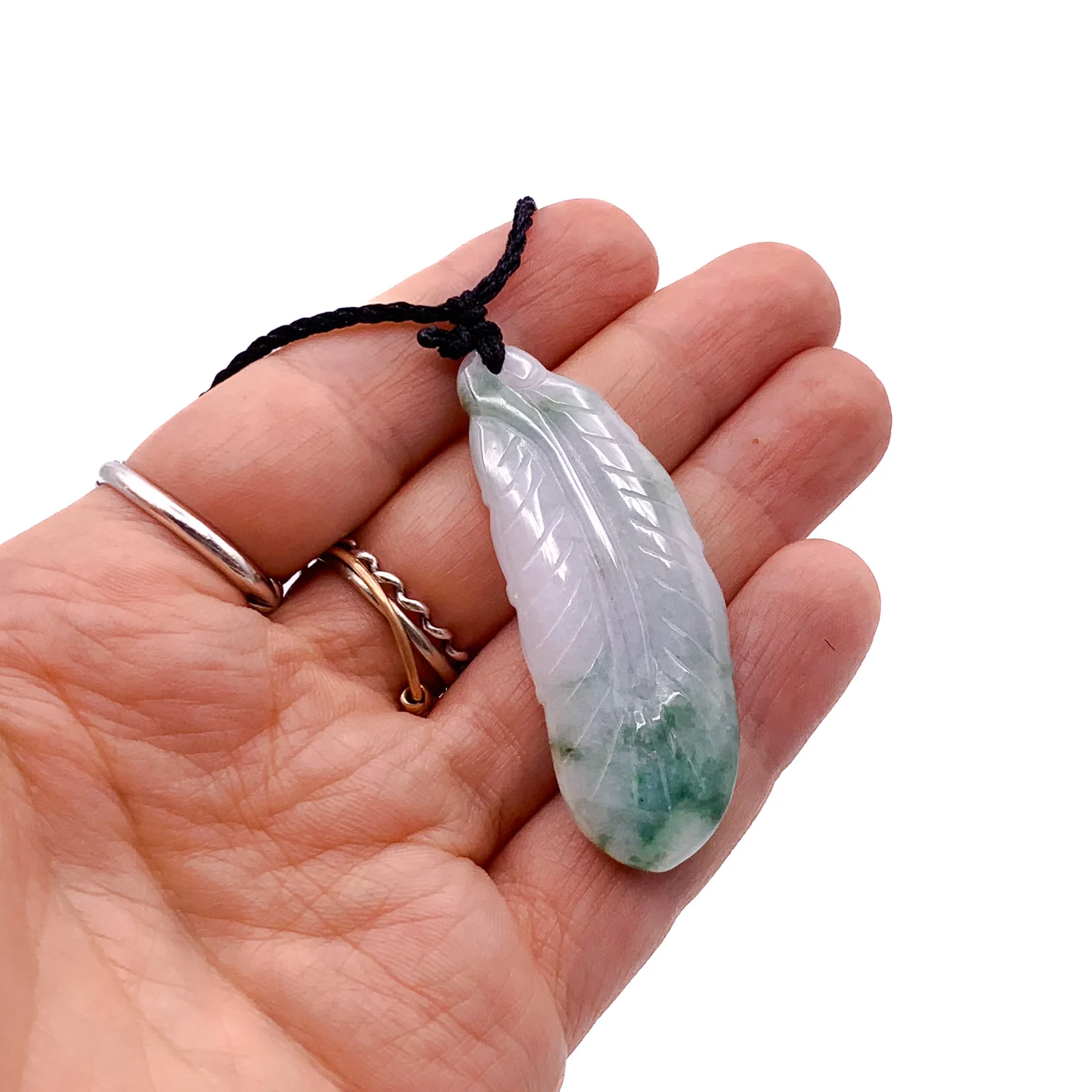 Certified Green Lavender Natural Type A Jade Jadeite Carved Feather Pendant - Image 2