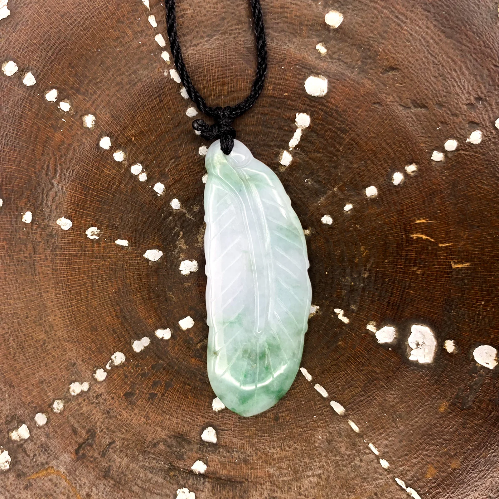 Certified Green Lavender Natural Type A Jade Jadeite Carved Feather Pendant - Image 4