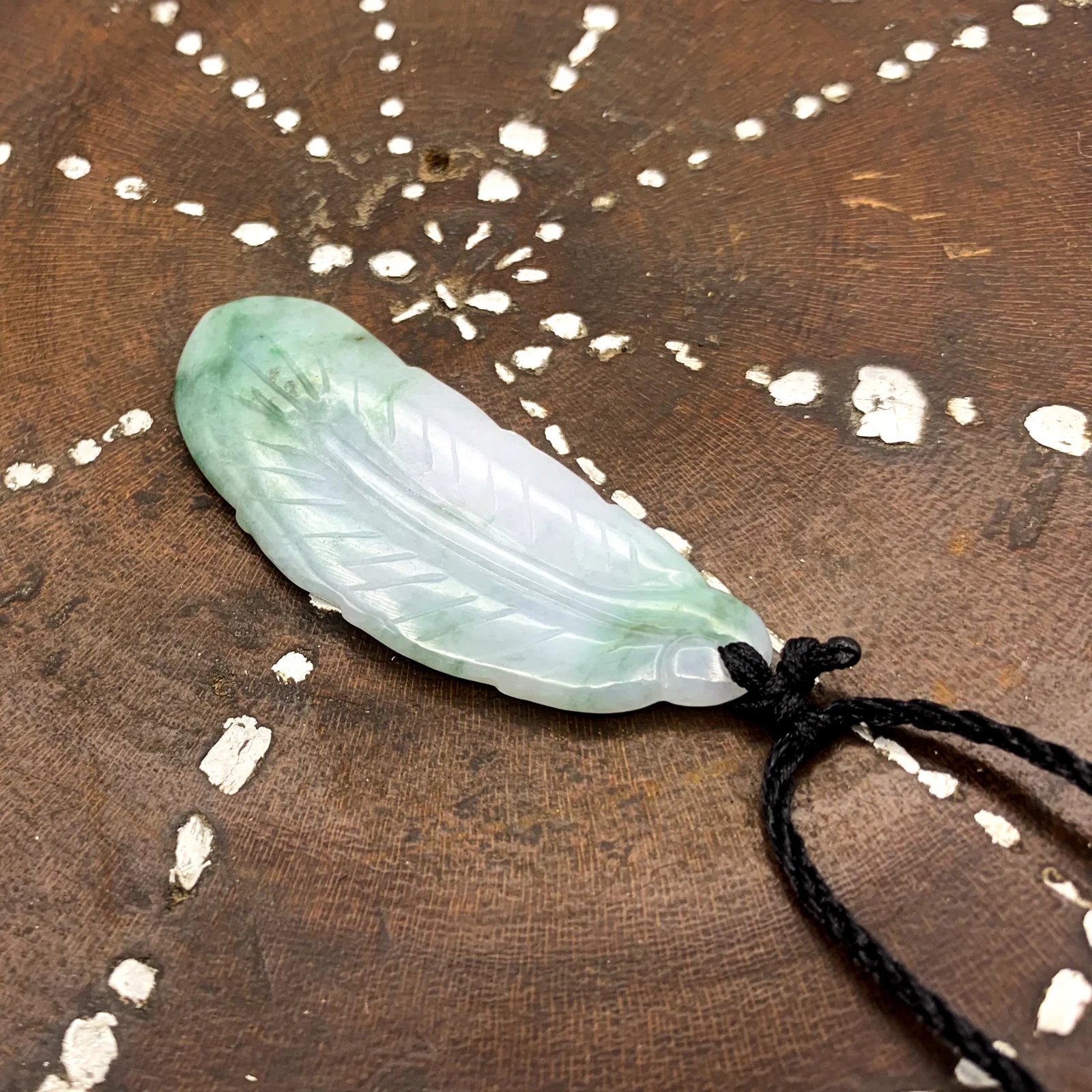 Certified Green Lavender Natural Type A Jade Jadeite Carved Feather Pendant - Image 5
