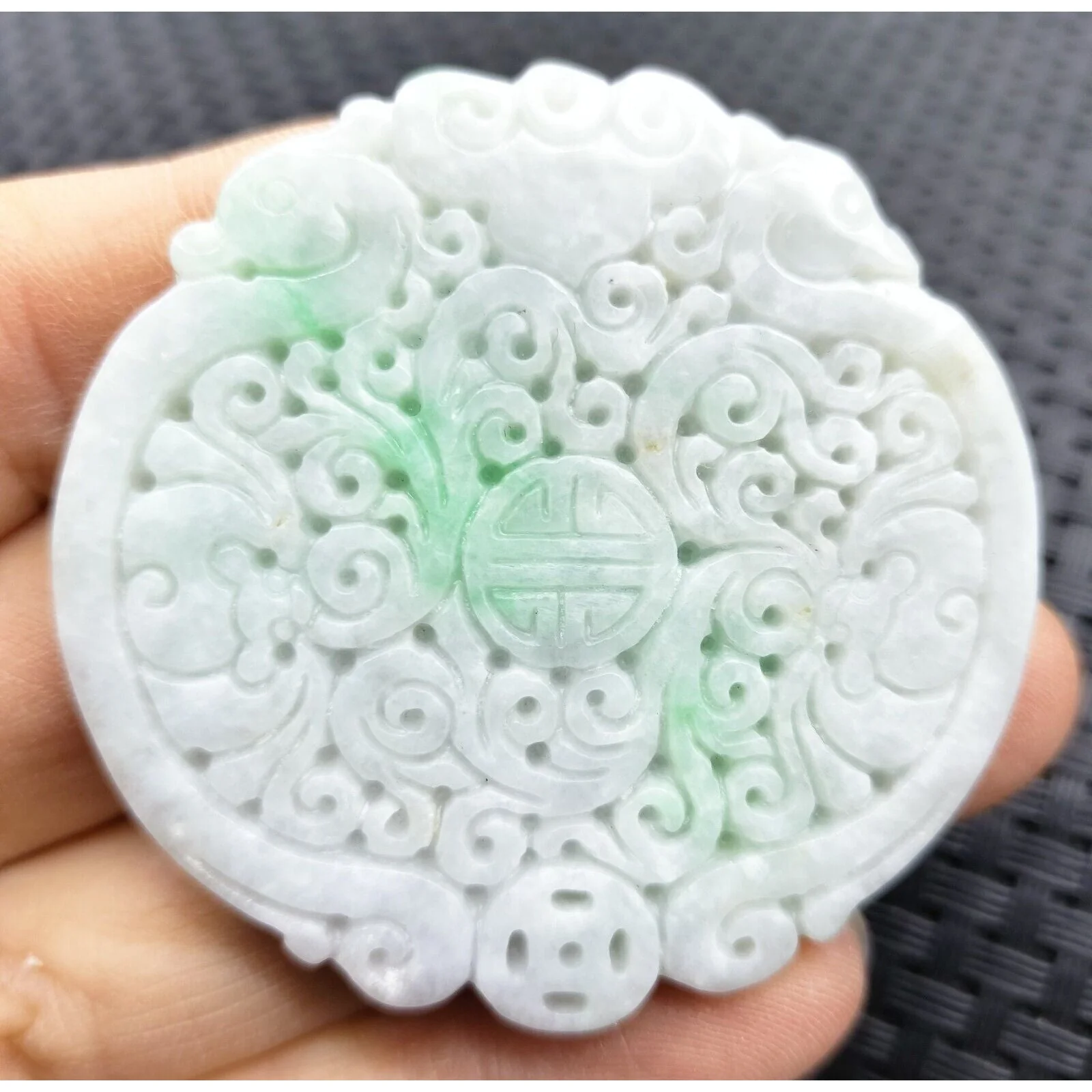Certified Green Lavender Natural Type A Jadeite Bat Ruyi Coin Blessing Pendant - Image 3