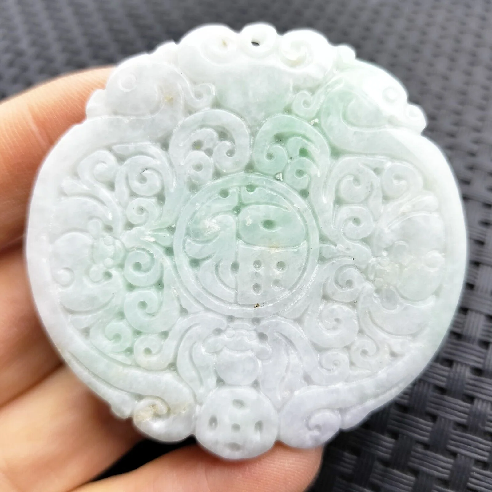 Certified Green Lavender Natural Type A Jadeite Bat Ruyi Coin Blessing Pendant - Image 4