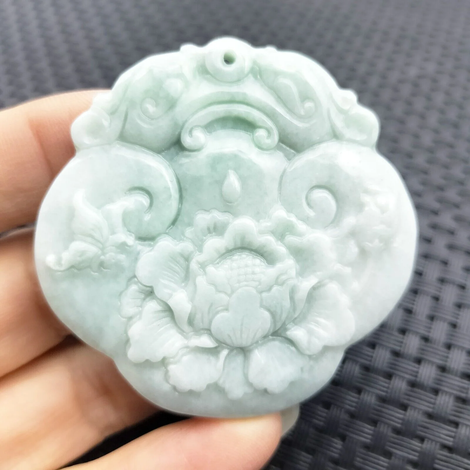 Certified Green Lavender Natural Type A Jadeite Carved Butterfly Flower Pendant - Image 2