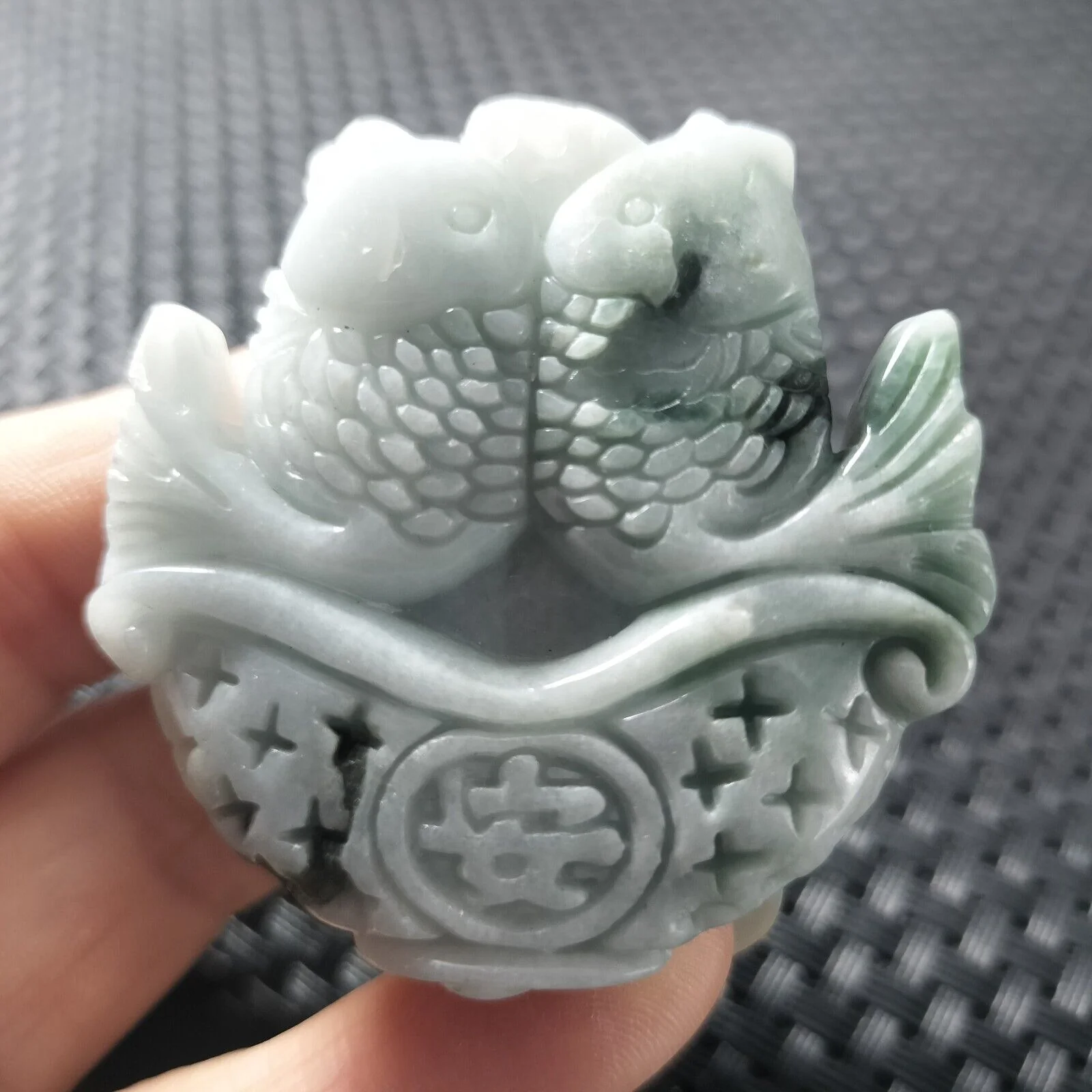 Certified Green Lavender Natural Type A Jadeite Carved Double Fish Happy Marriage Pendant - Image 3