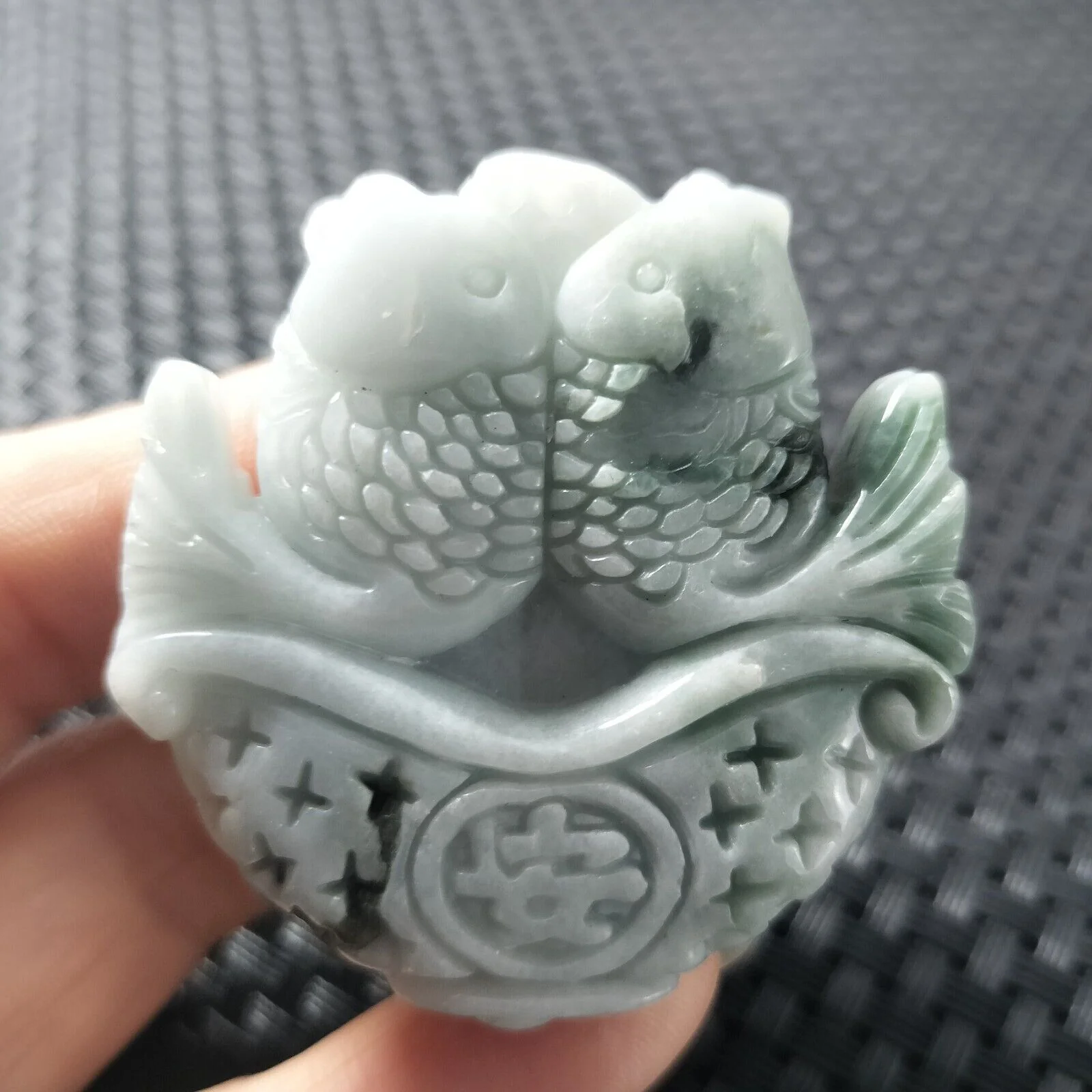 Certified Green Lavender Natural Type A Jadeite Carved Double Fish Happy Marriage Pendant - Image 4
