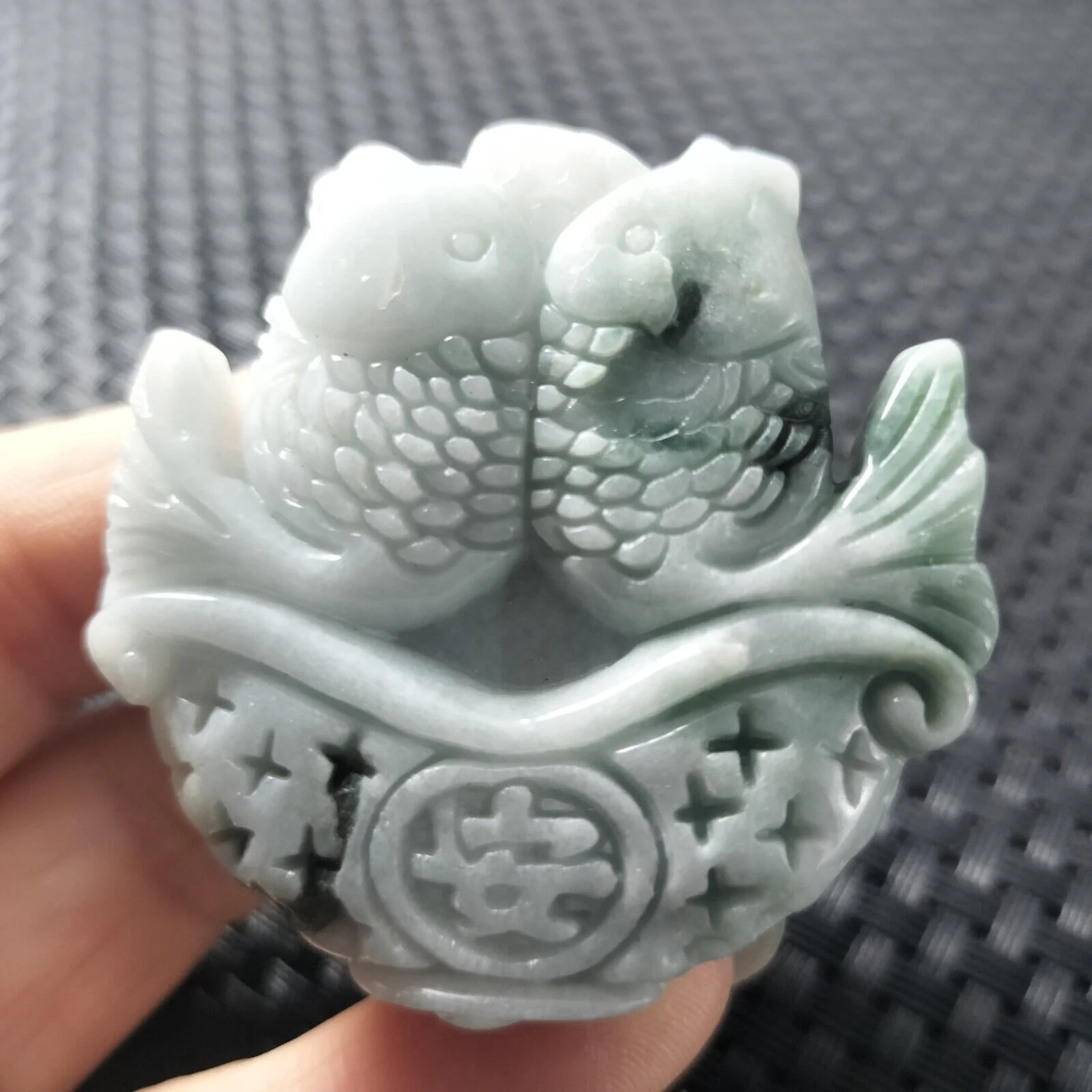 Certified Green Lavender Natural Type A Jadeite Carved Double Fish Happy Marriage Pendant - Image 5