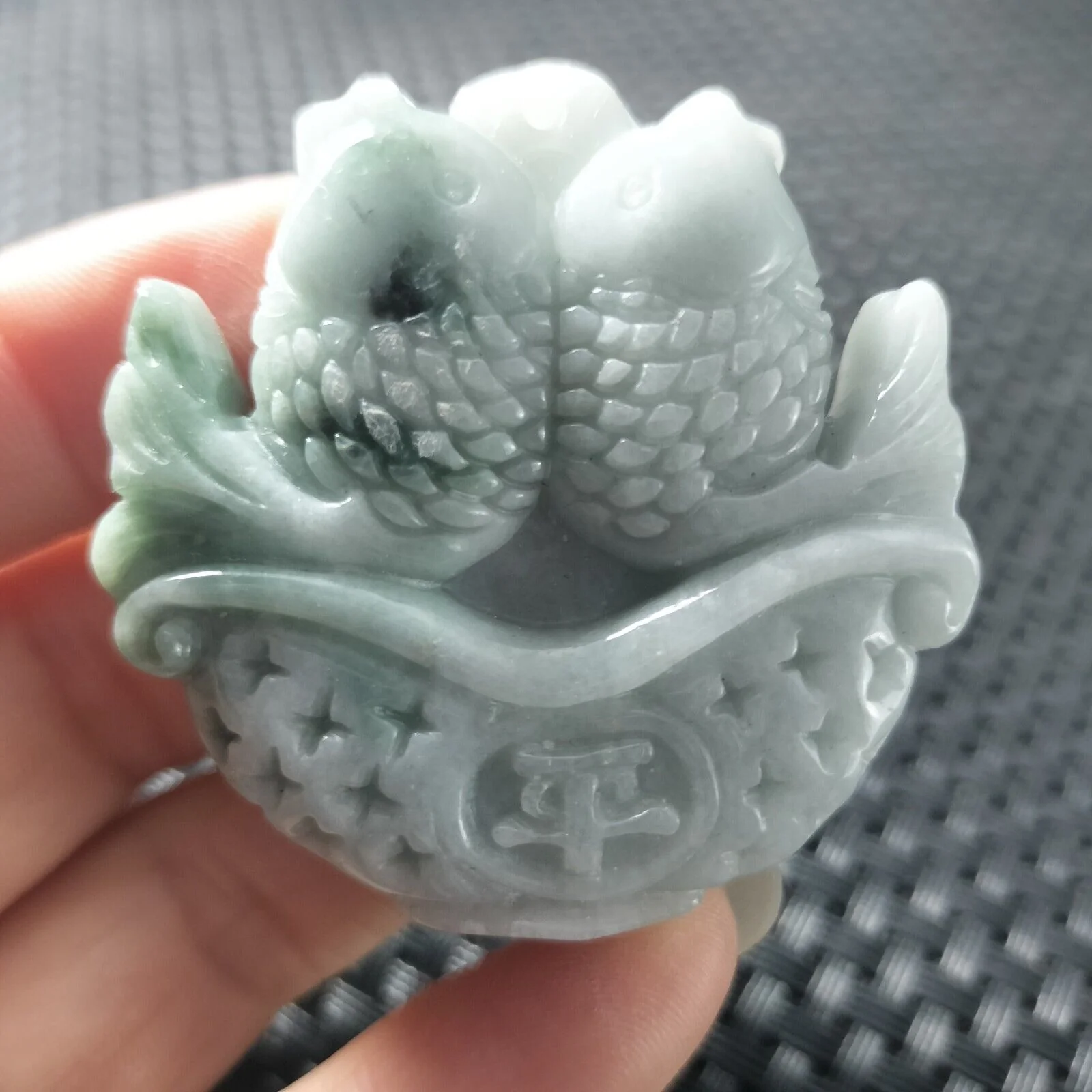 Certified Green Lavender Natural Type A Jadeite Carved Double Fish Happy Marriage Pendant - Image 6