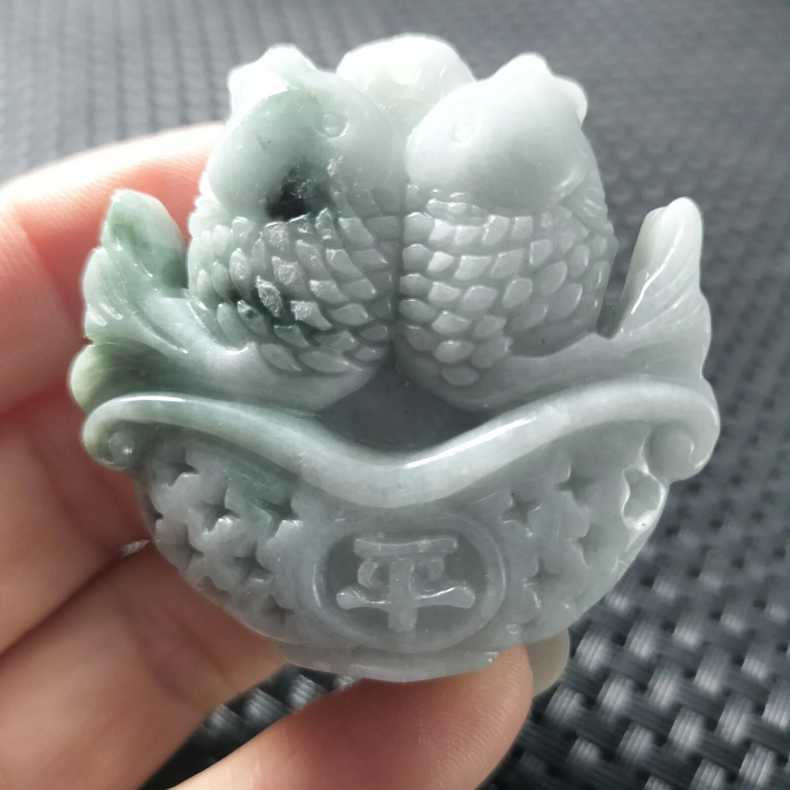 Certified Green Lavender Natural Type A Jadeite Carved Double Fish Happy Marriage Pendant - Image 7
