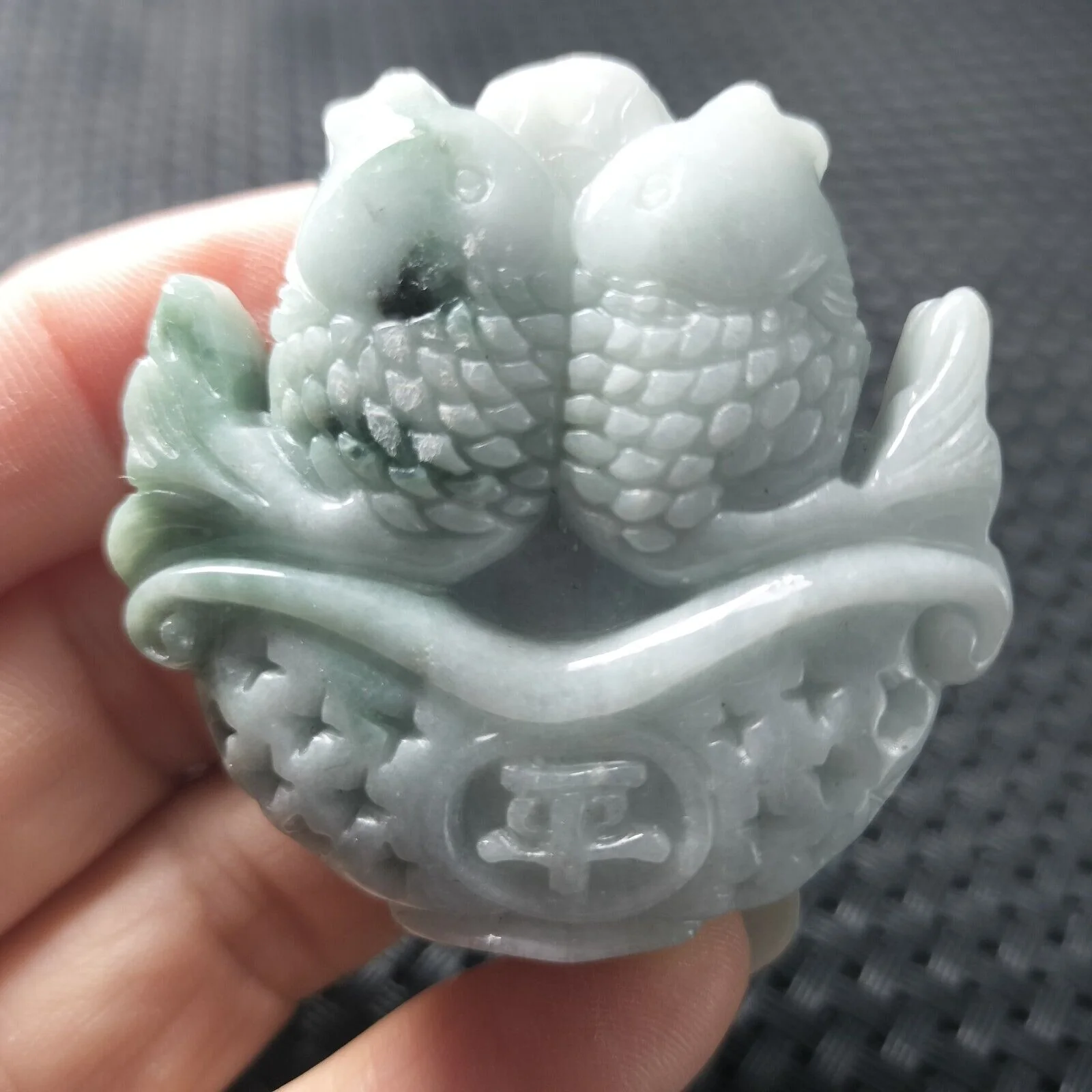 Certified Green Lavender Natural Type A Jadeite Carved Double Fish Happy Marriage Pendant - Image 8