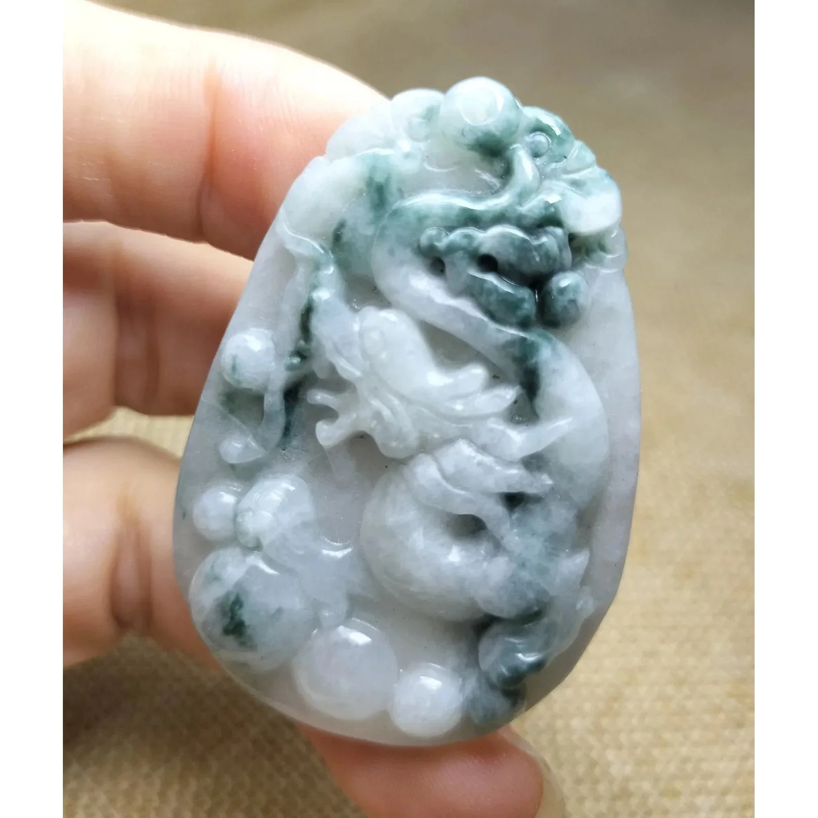 Certified Green Lavender Natural Type A Jadeite Carved Dragon Bead Pendant - Image 2
