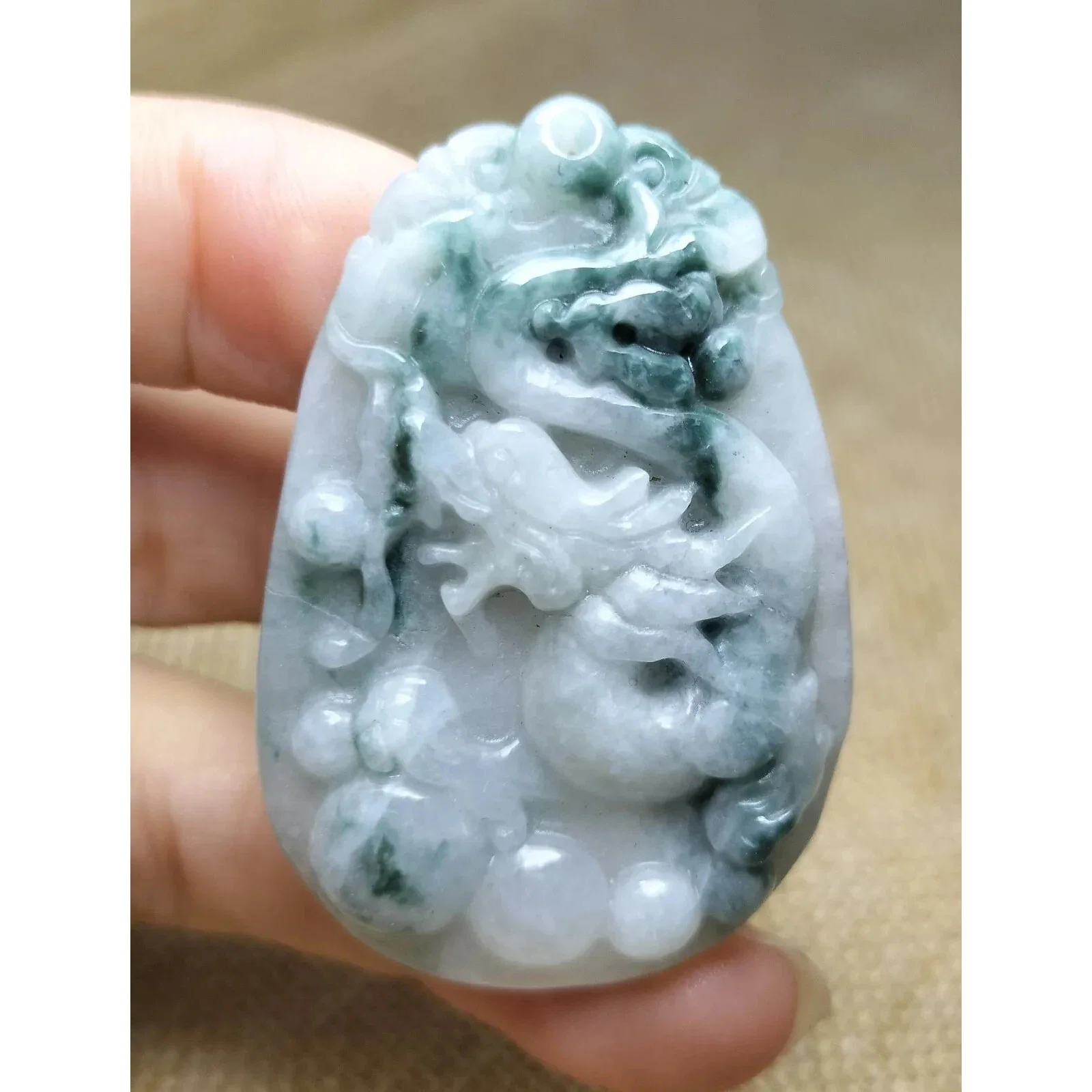 Certified Green Lavender Natural Type A Jadeite Carved Dragon Bead Pendant - Image 3