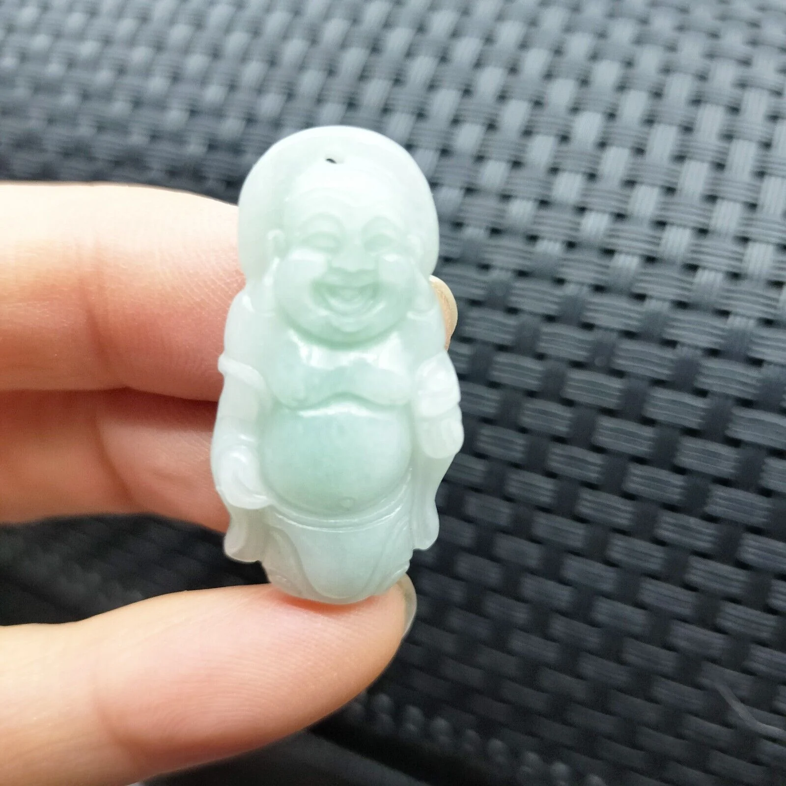 Certified Green Lavender Natural Type A Jadeite Carved Happy Buddha God Pendant - Image 2