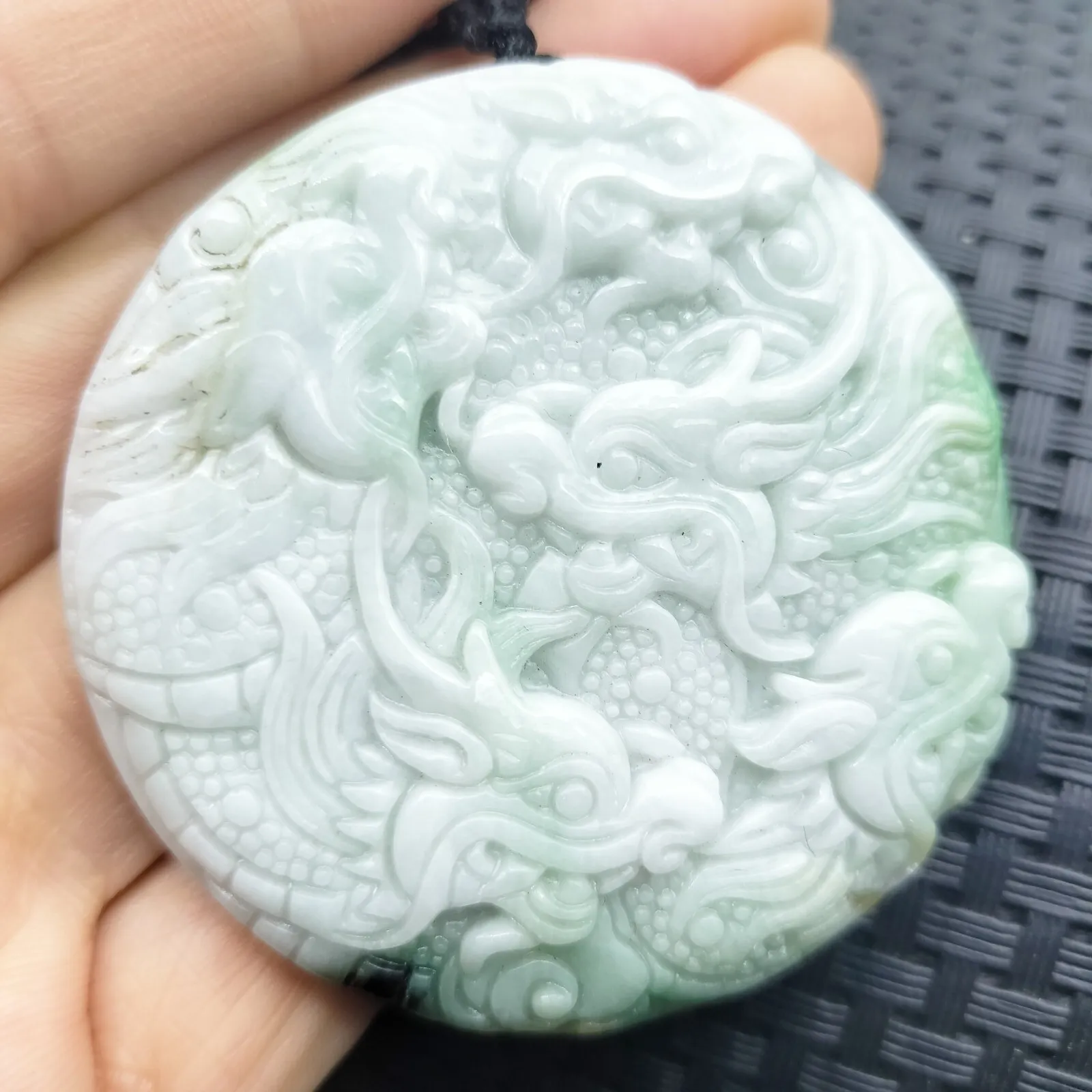 Certified Green Lavender Natural Type A Jadeite Carved Nine Dragon Pendant - Image 3
