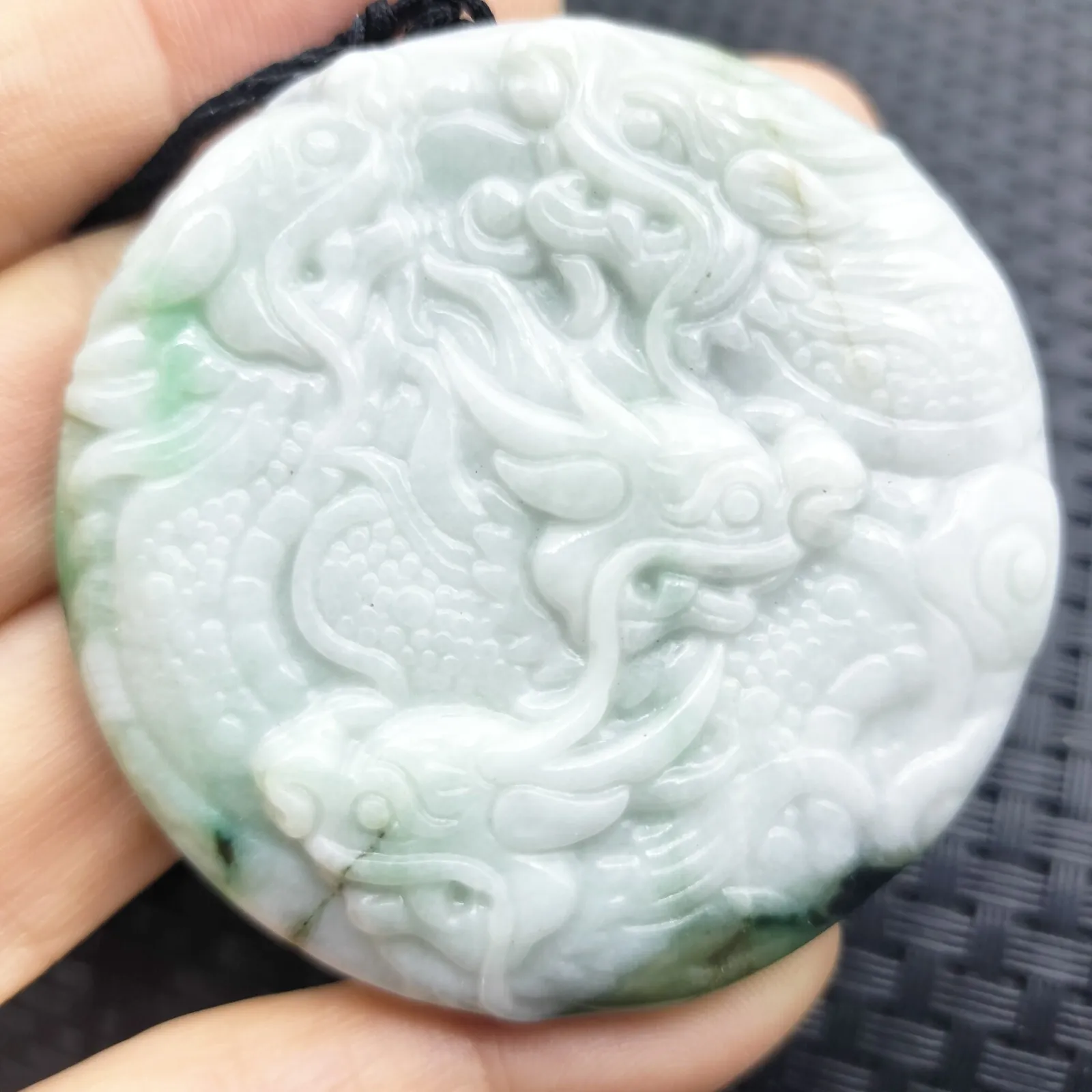 Certified Green Lavender Natural Type A Jadeite Carved Nine Dragon Pendant - Image 4