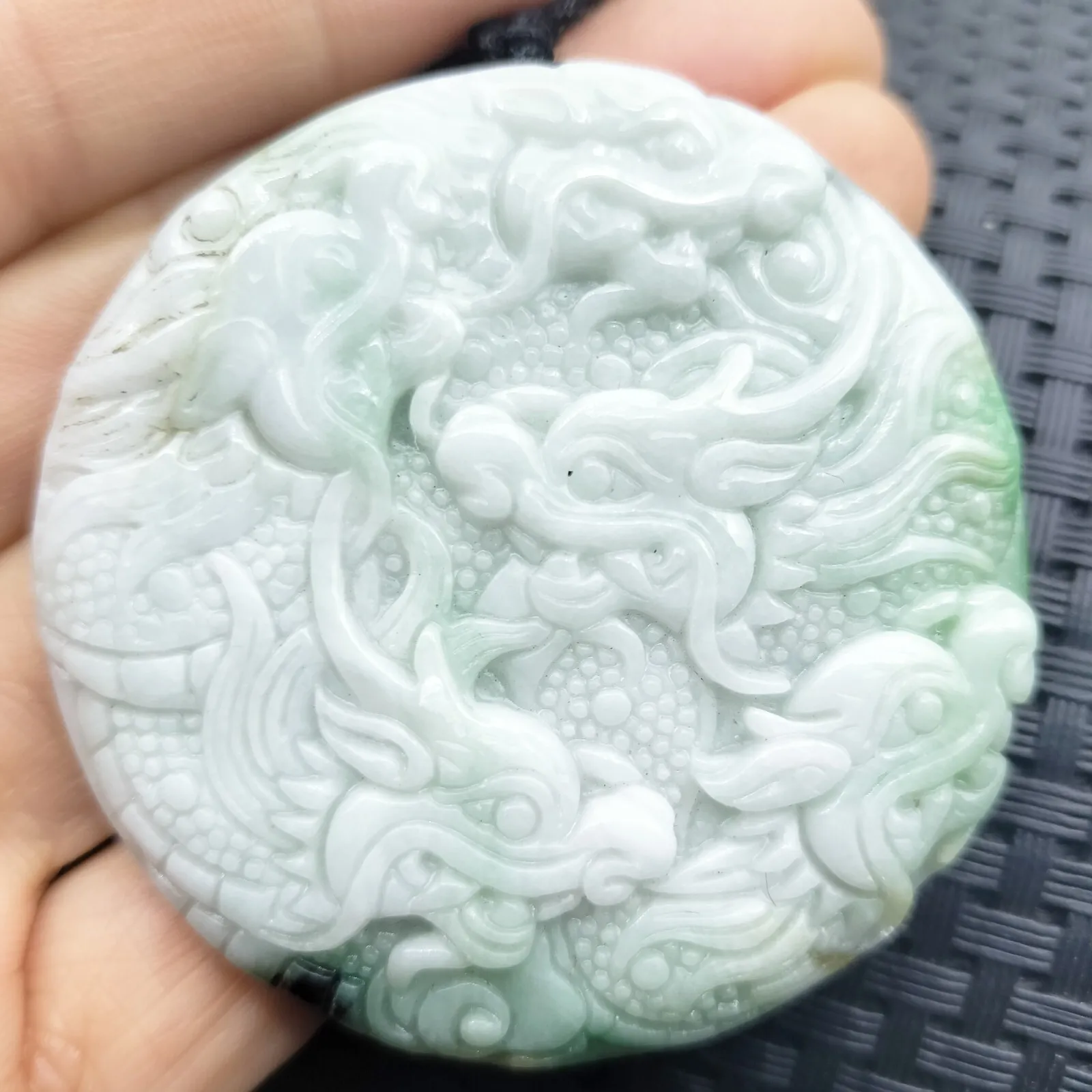 Certified Green Lavender Natural Type A Jadeite Carved Nine Dragon Pendant - Image 5