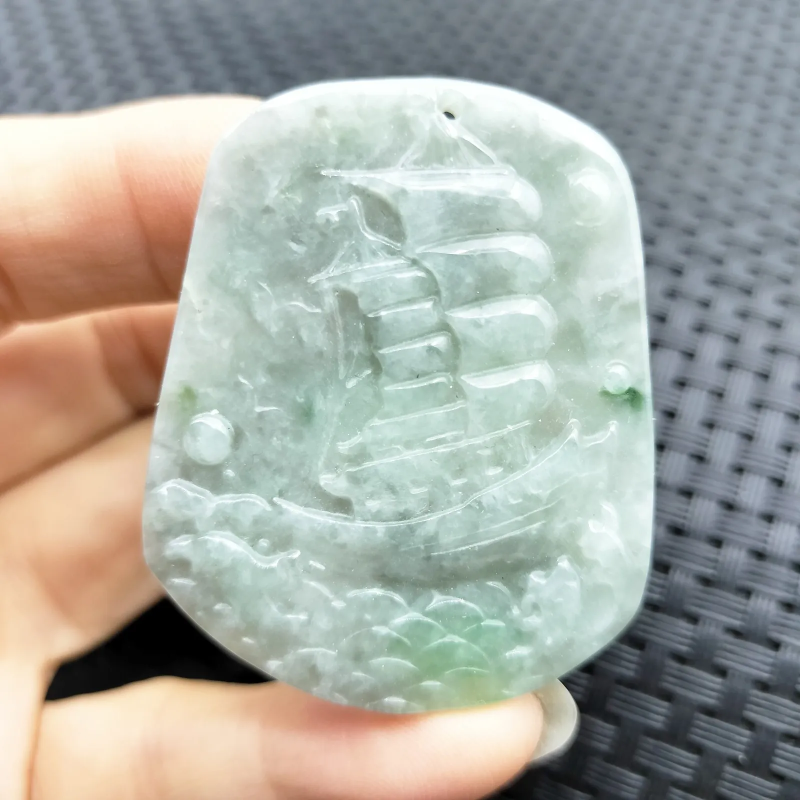 Certified Green Lavender Natural Type A Jadeite Carved Ship Bird Pendant - Image 3