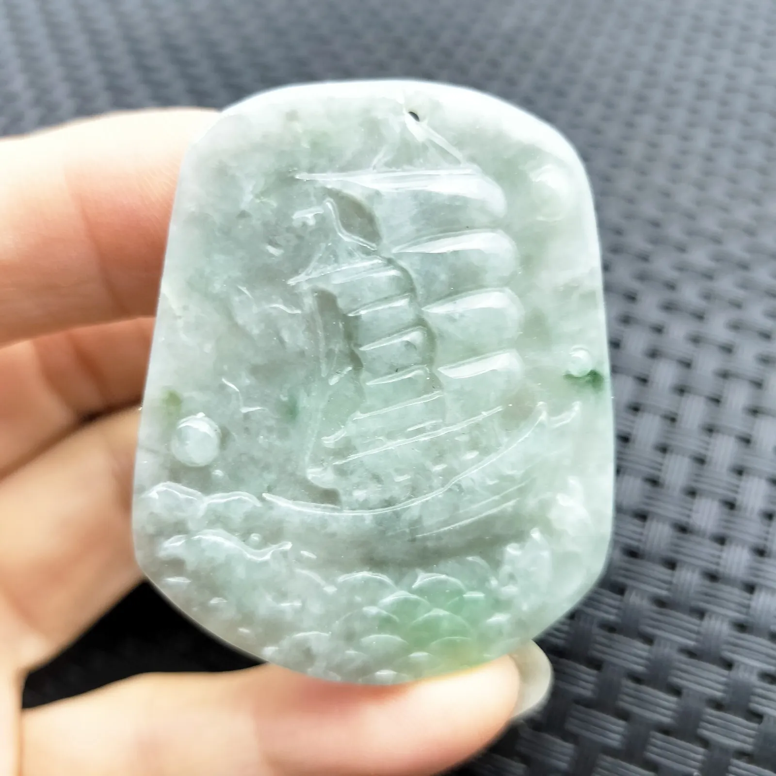Certified Green Lavender Natural Type A Jadeite Carved Ship Bird Pendant - Image 4
