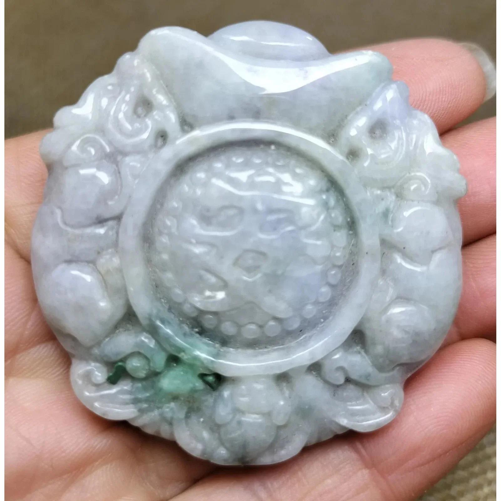 Certified Green Lavender Natural Type A Jadeite Dragon Bat YuanBao Safe Pendant - Image 2