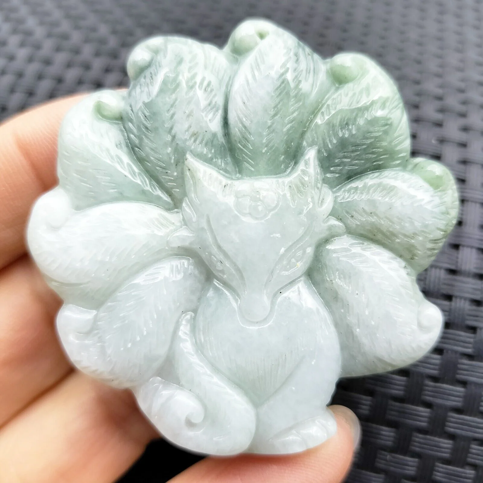 Certified Green Lavender Natural Type A Jadeite Nine-Tailed Fox Pendant - Image 14