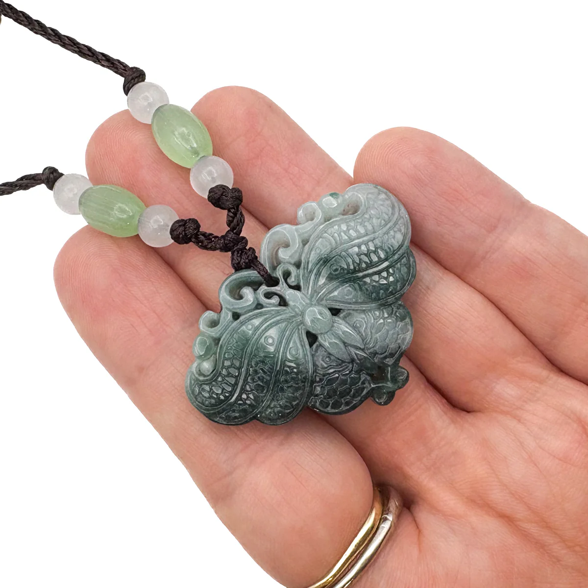Certified Green Natural A Jade Jadeite Carved Butterfly Ruyi Pendant - Image 12
