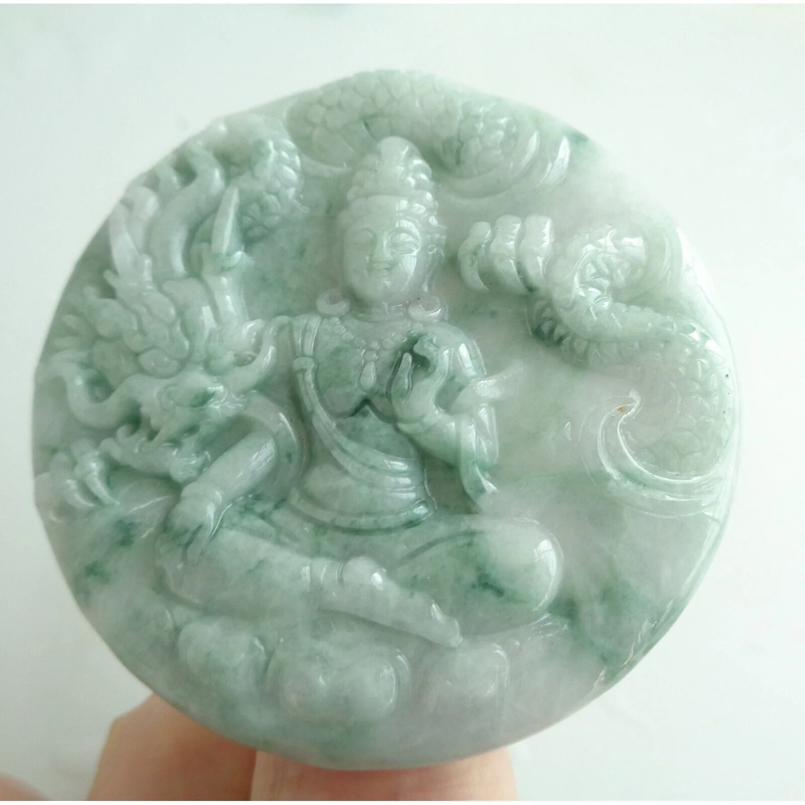 Certified Green Natural A Jade Jadeite Carved Dragon Kwan Yin Pendant Necklace - Image 2