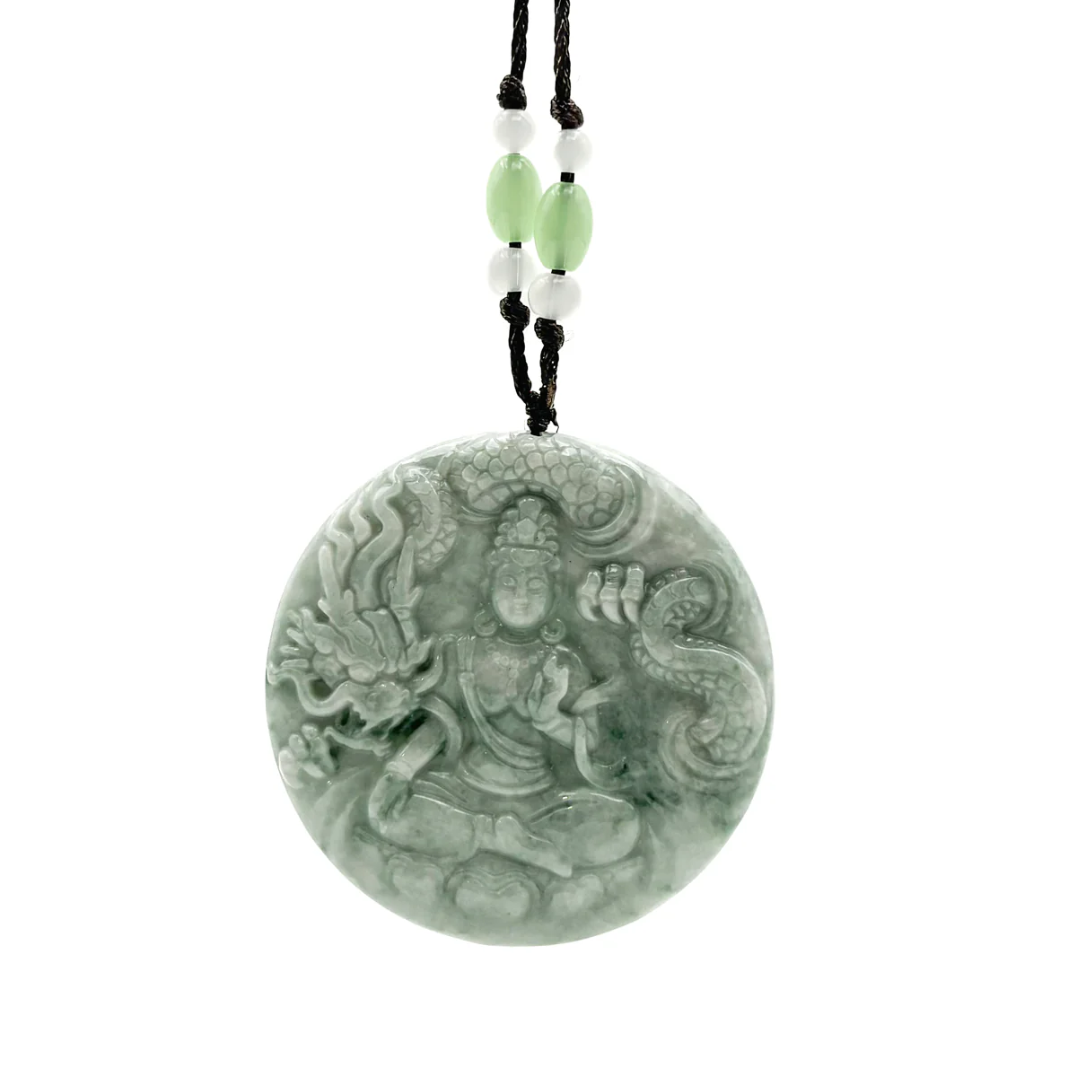 Certified Green Natural A Jade Jadeite Carved Dragon Kwan Yin Pendant - Image 10