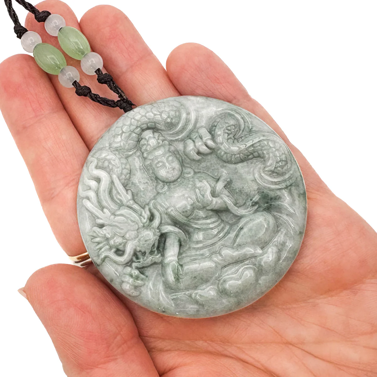 Certified Green Natural A Jade Jadeite Carved Dragon Kwan Yin Pendant - Image 13