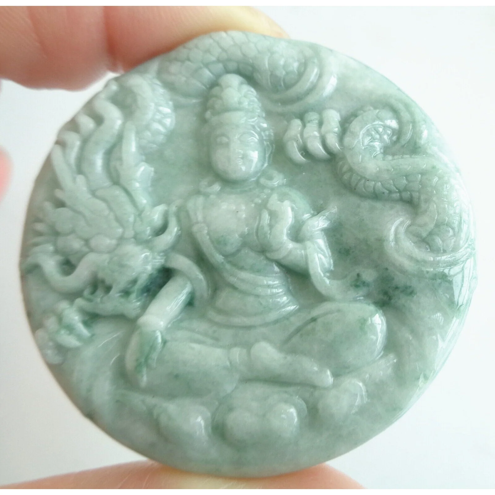 Certified Green Natural A Jade Jadeite Carved Dragon Kwan Yin Pendant - Image 15