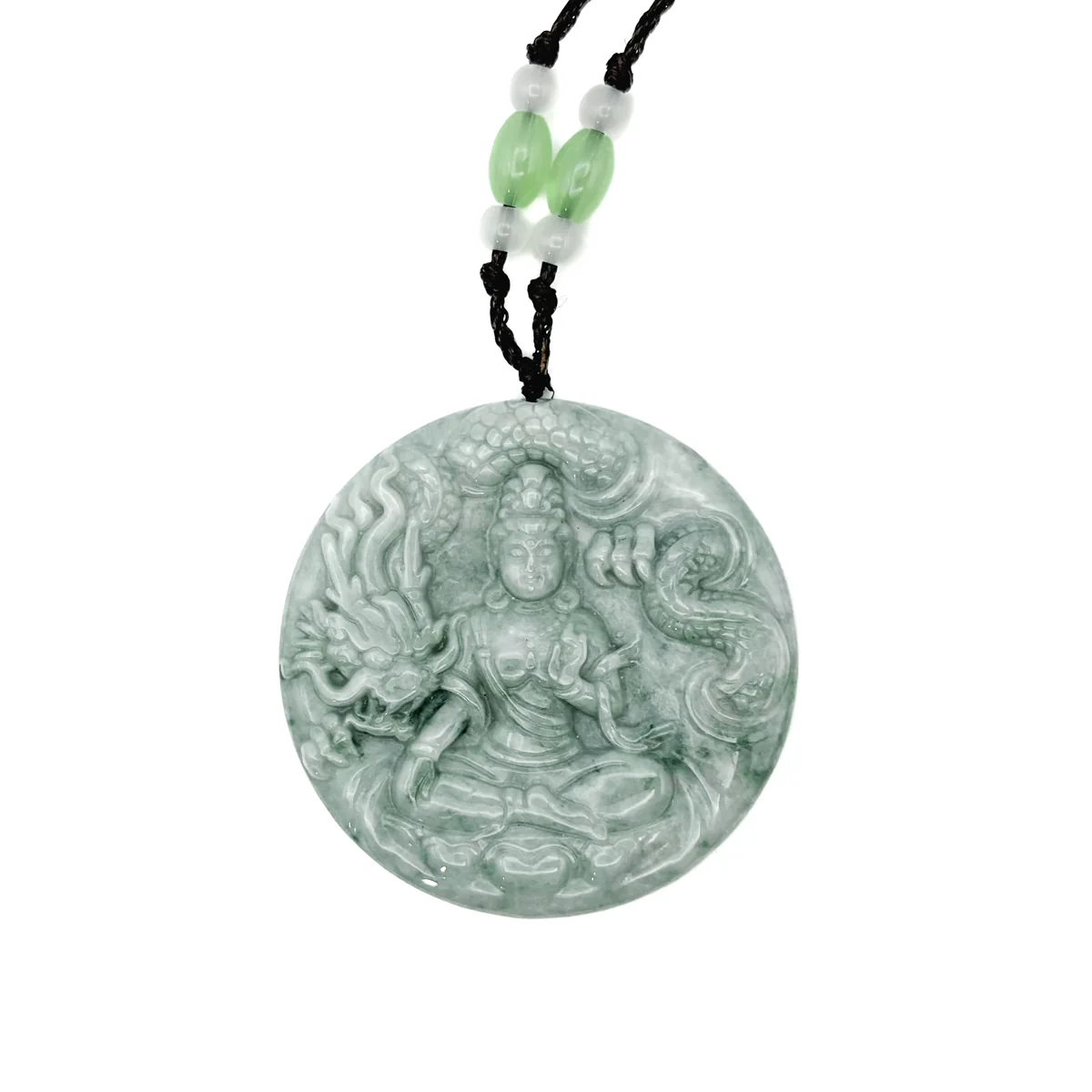 Certified Green Natural A Jade Jadeite Carved Dragon Kwan Yin Pendant - Image 2
