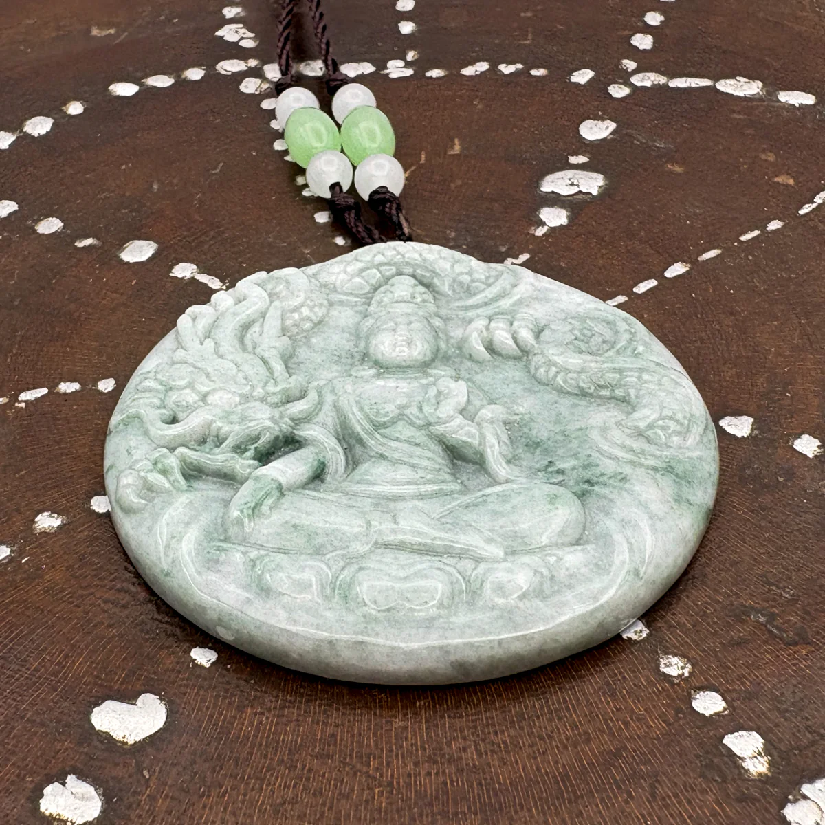Certified Green Natural A Jade Jadeite Carved Dragon Kwan Yin Pendant - Image 9