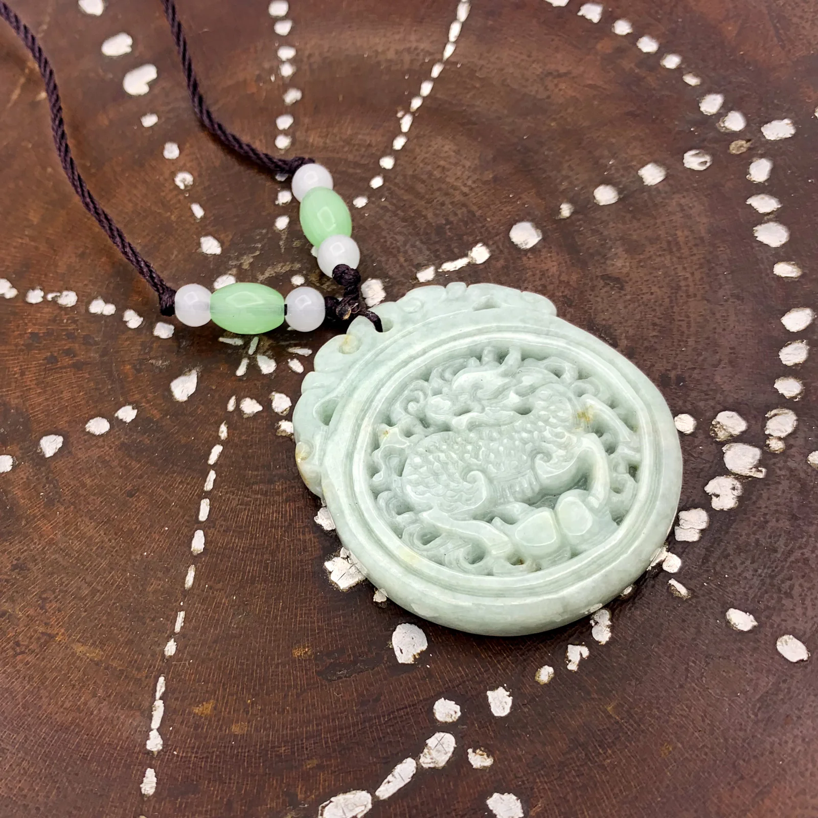 Green Natural A Jade Jadeite Carved Kylin Ruyi Pendant Necklace - Image 2