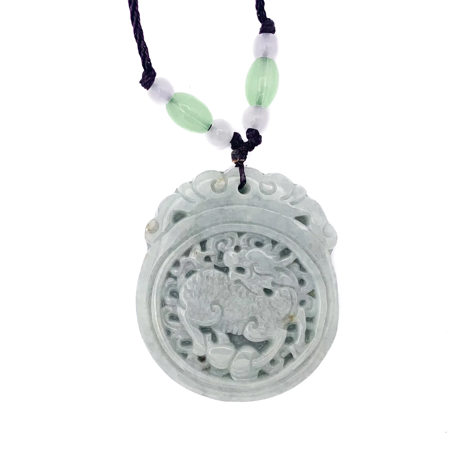 Green Natural A Jade Jadeite Carved Kylin Ruyi Pendant Necklace - Image 3