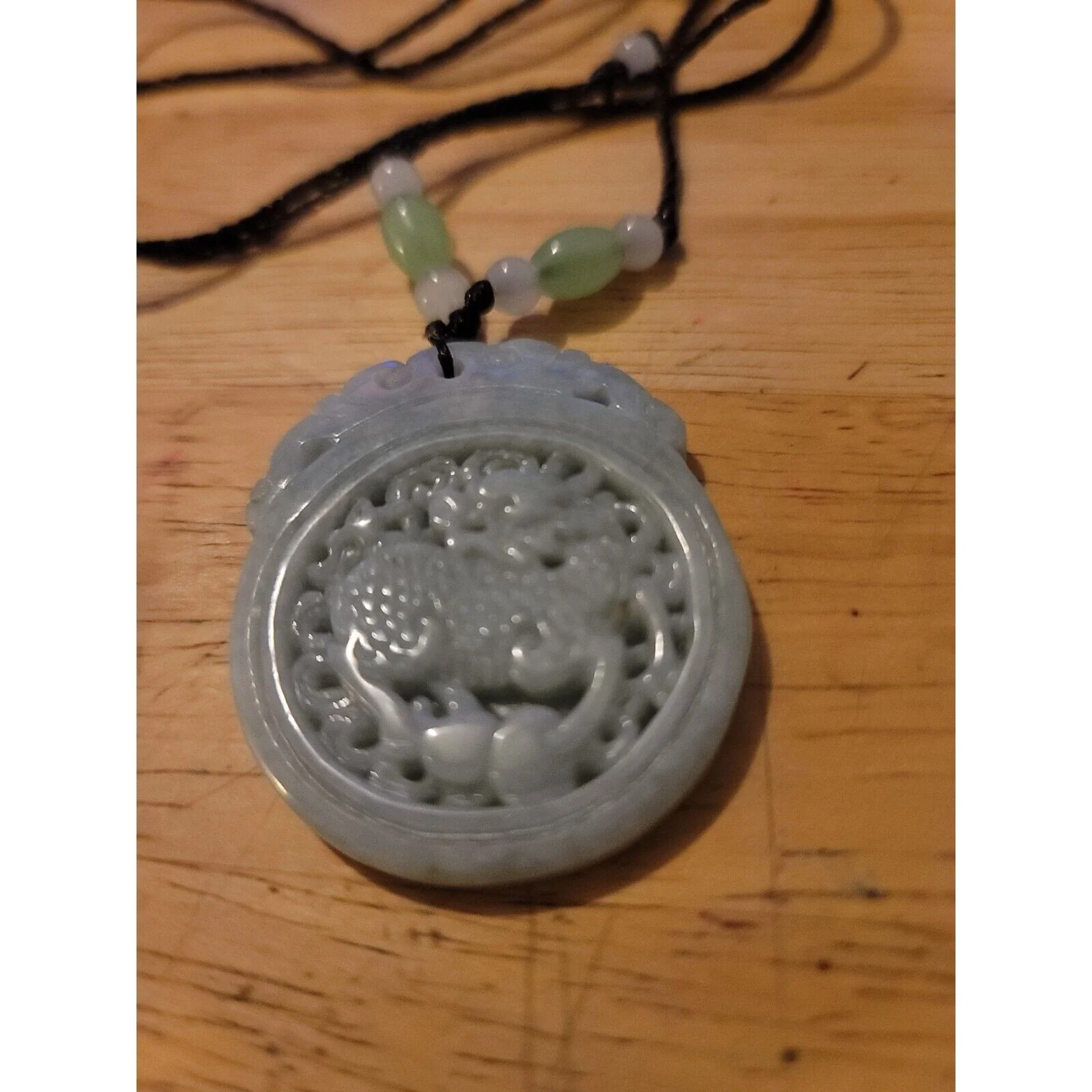 Green Natural A Jade Jadeite Carved Kylin Ruyi Pendant Necklace - Image 7