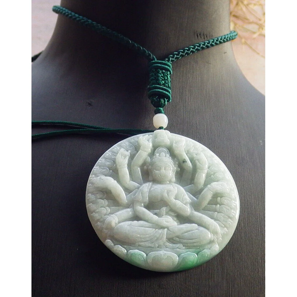 Certified Green Natural A Jade Jadeite Pendant 1000 Hand Guanyin Kwan Yin Necklace - Image 2