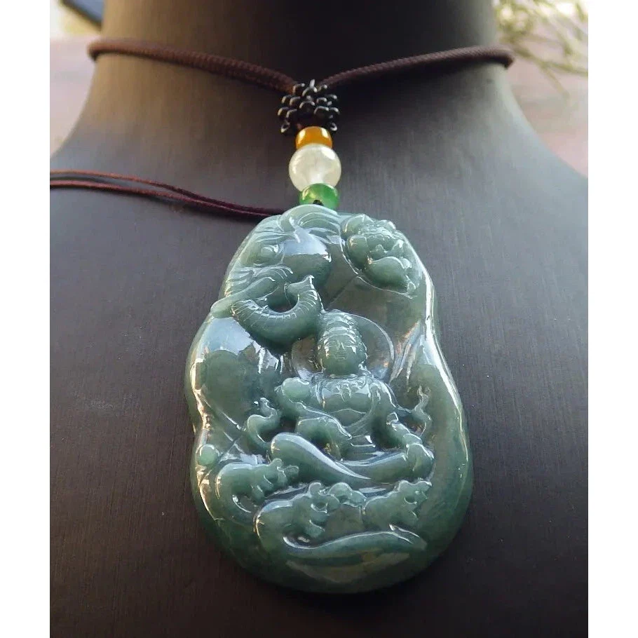 Certified Green Natural A Jade Jadeite Pendant Guanyin Kwan Yin Elephant - Image 2