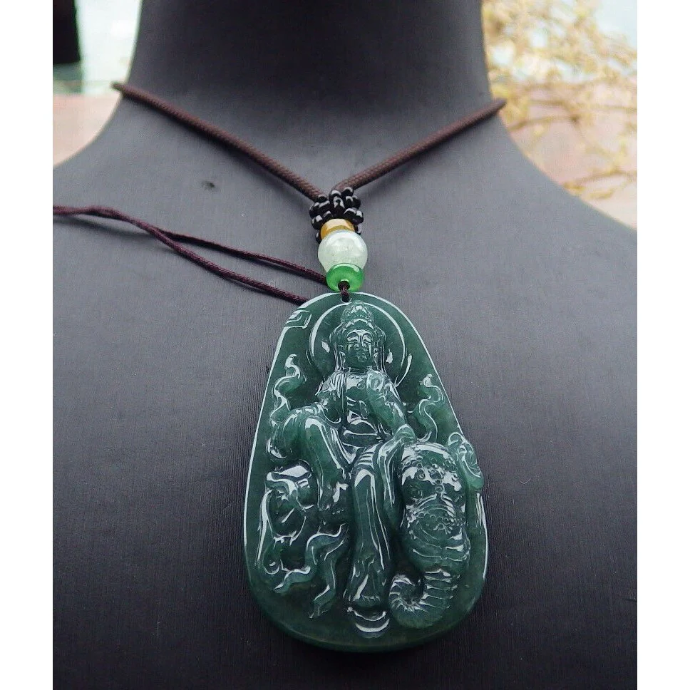 Certified Green Natural A Jade Jadeite Pendant Guanyin Kwan Yin Elephant Necklace - Image 2