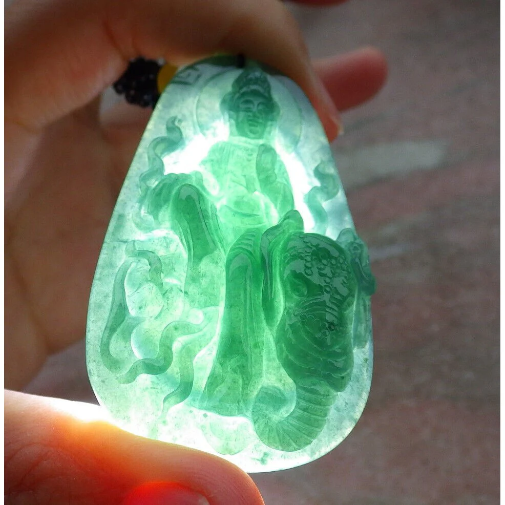 Certified Green Natural A Jade Jadeite Pendant Guanyin Kwan Yin Elephant Necklace - Image 3