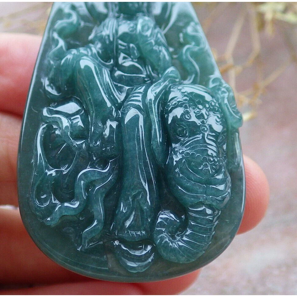 Certified Green Natural A Jade Jadeite Pendant Guanyin Kwan Yin Elephant Necklace - Image 8