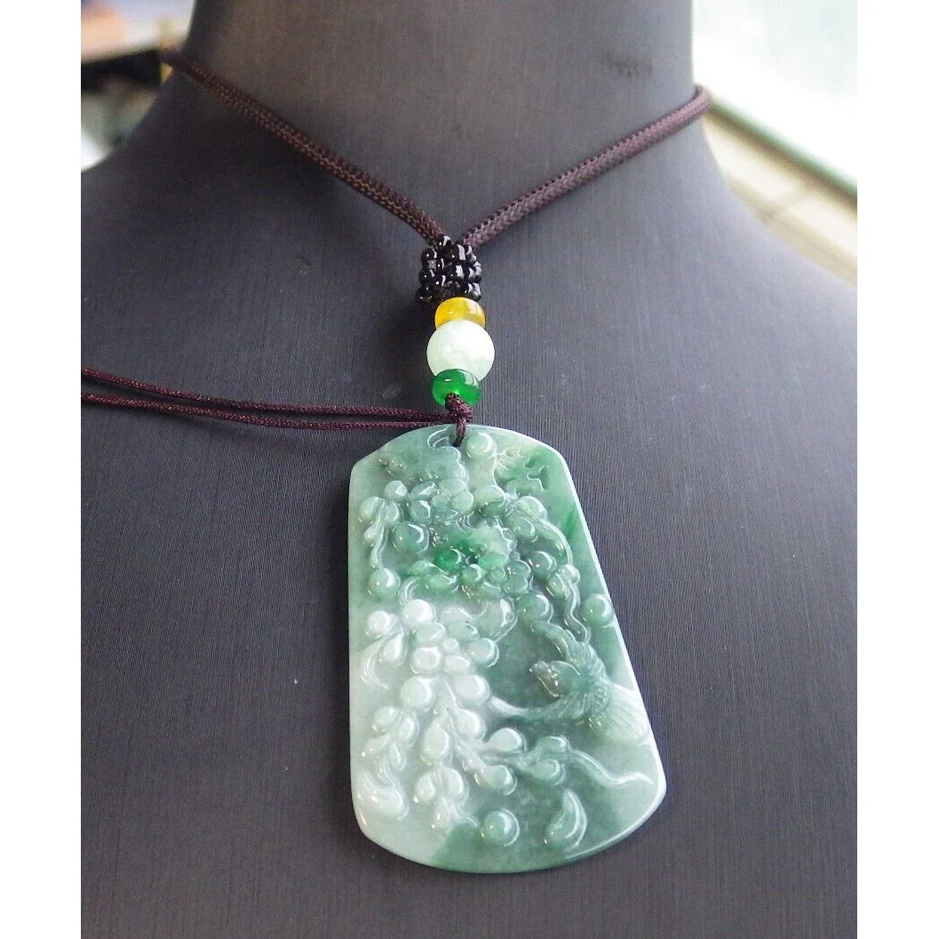 Certified Green Natural A Jade Pendant Bird Phoenix Flower Necklace - Image 2