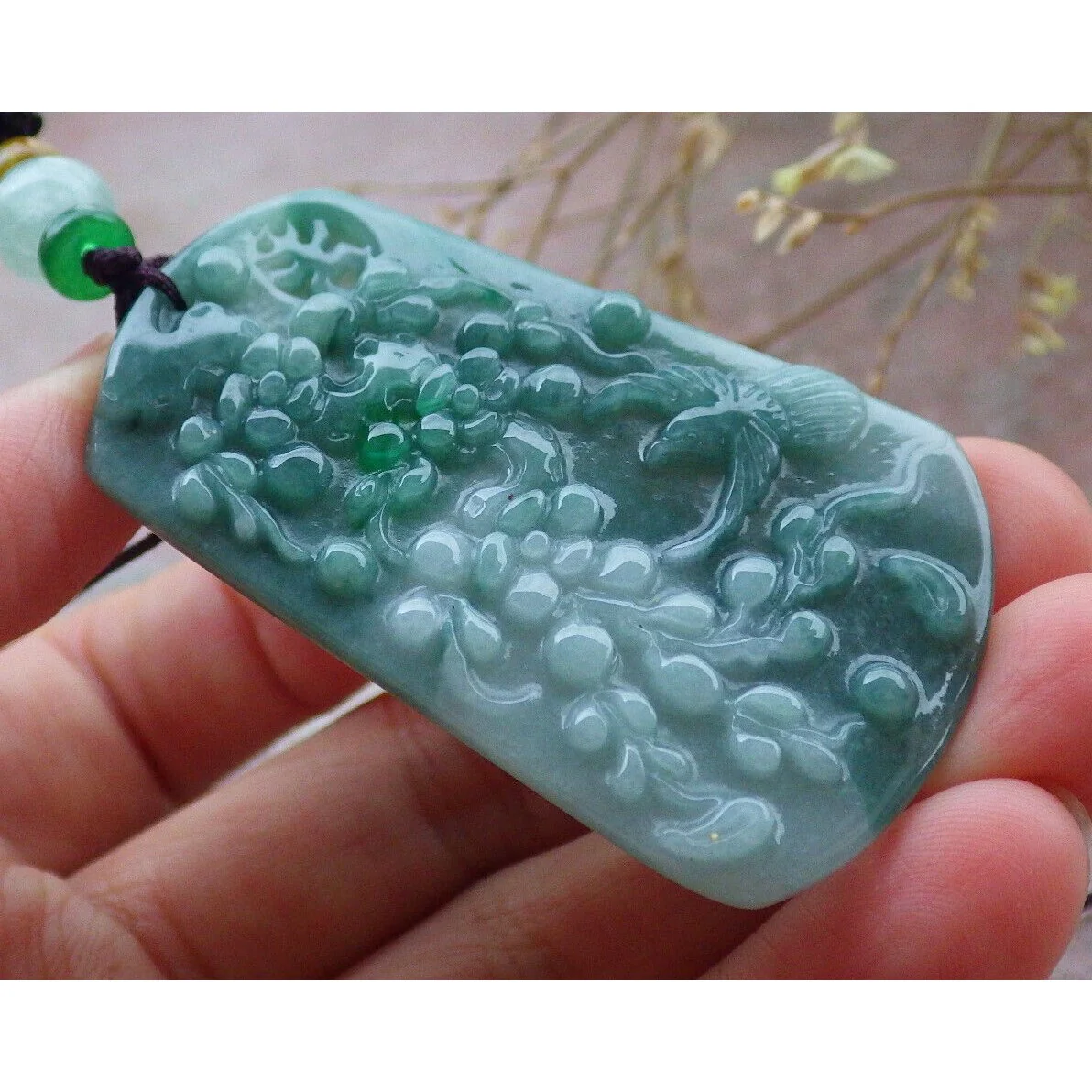 Certified Green Natural A Jade Pendant Bird Phoenix Flower Necklace - Image 3