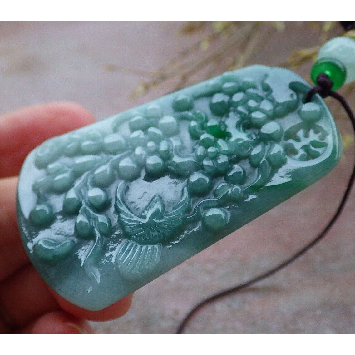 Certified Green Natural A Jade Pendant Bird Phoenix Flower Necklace - Image 5