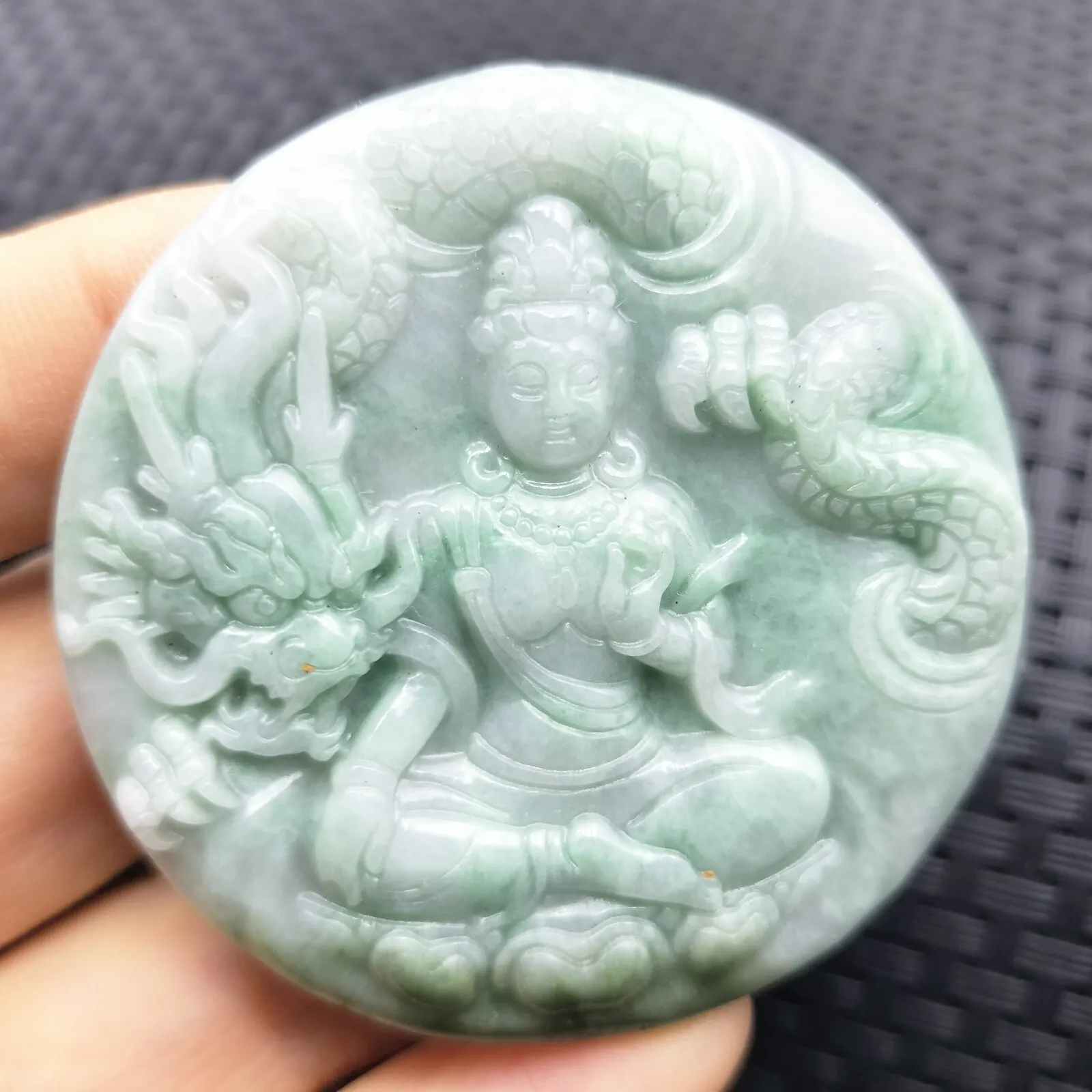 Certified Green Natural A Jadeite Carved Guanyin Kwan Yin God Dragon Pendant - Image 2