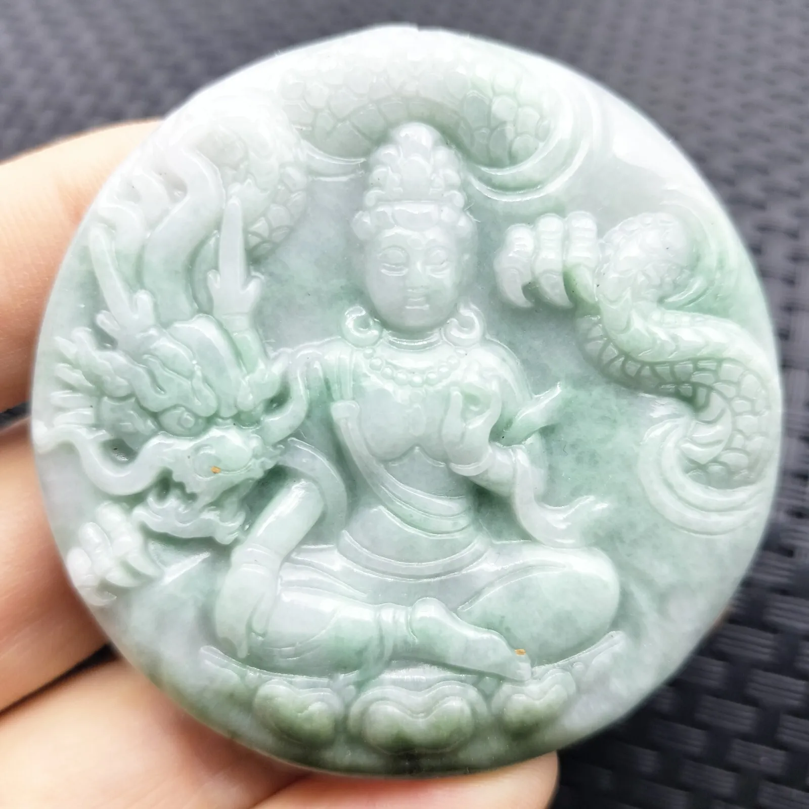 Certified Green Natural A Jadeite Carved Guanyin Kwan Yin God Dragon Pendant - Image 3