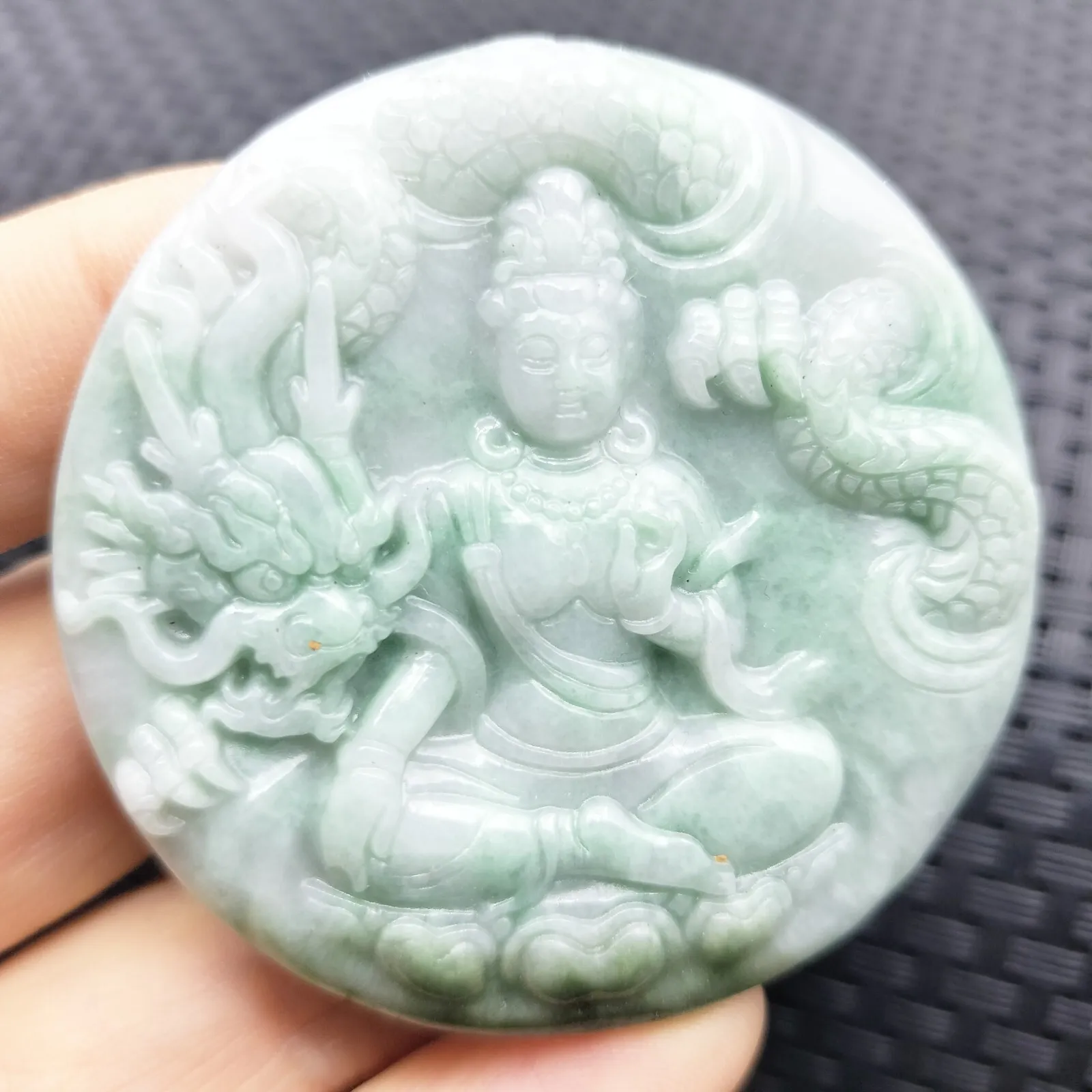Certified Green Natural A Jadeite Carved Guanyin Kwan Yin God Dragon Pendant - Image 4