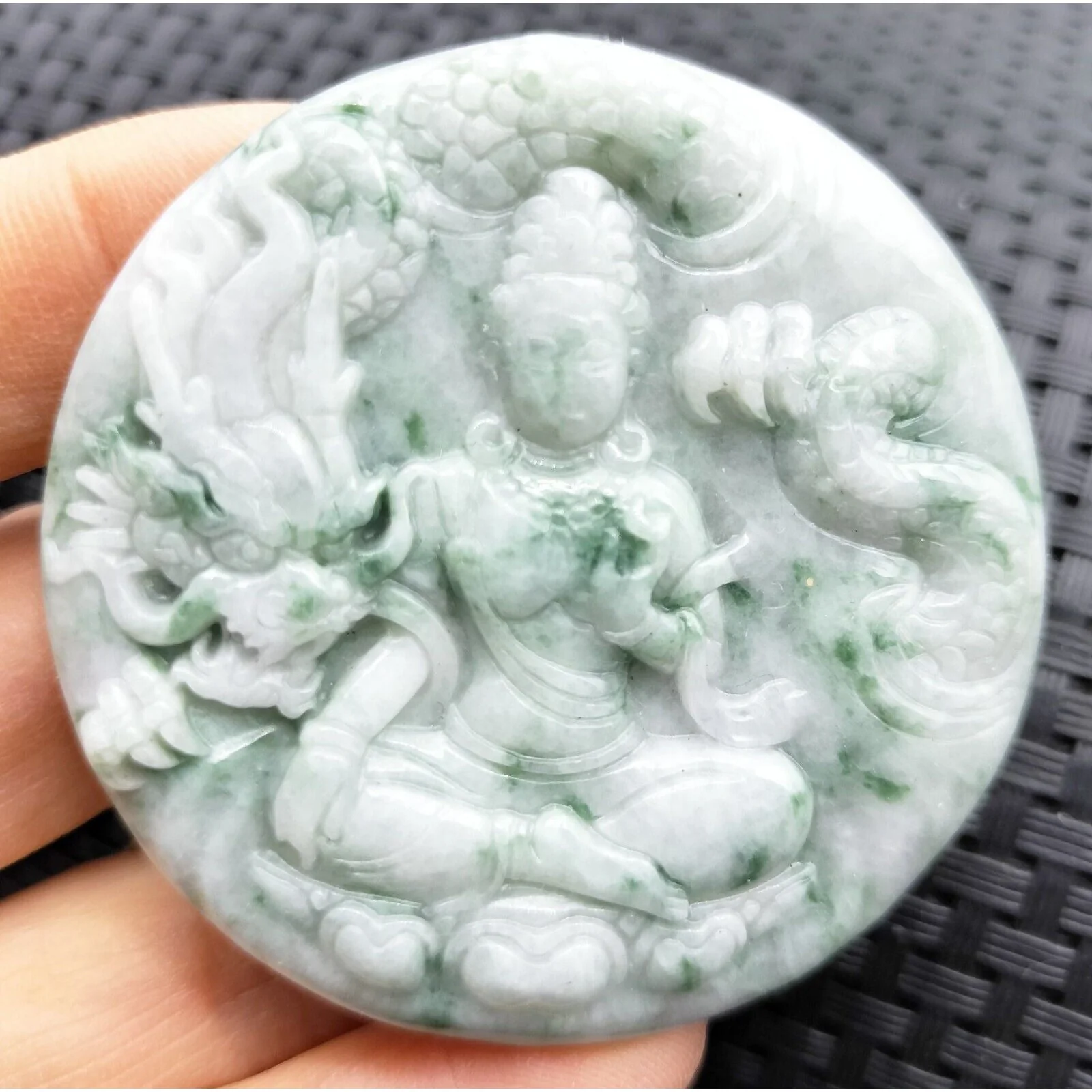 Certified Green Natural A Jadeite Carved Guanyin Kwan Yin God Dragon Pendant - Image 2