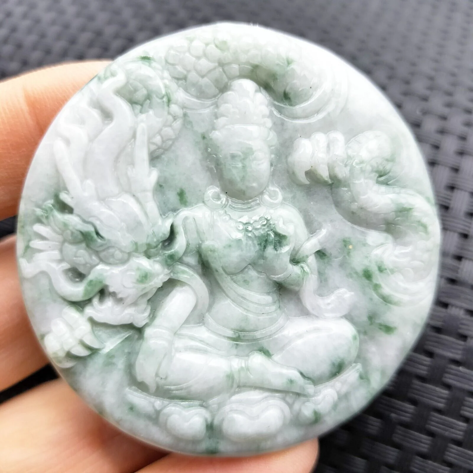 Certified Green Natural A Jadeite Carved Guanyin Kwan Yin God Dragon Pendant - Image 3