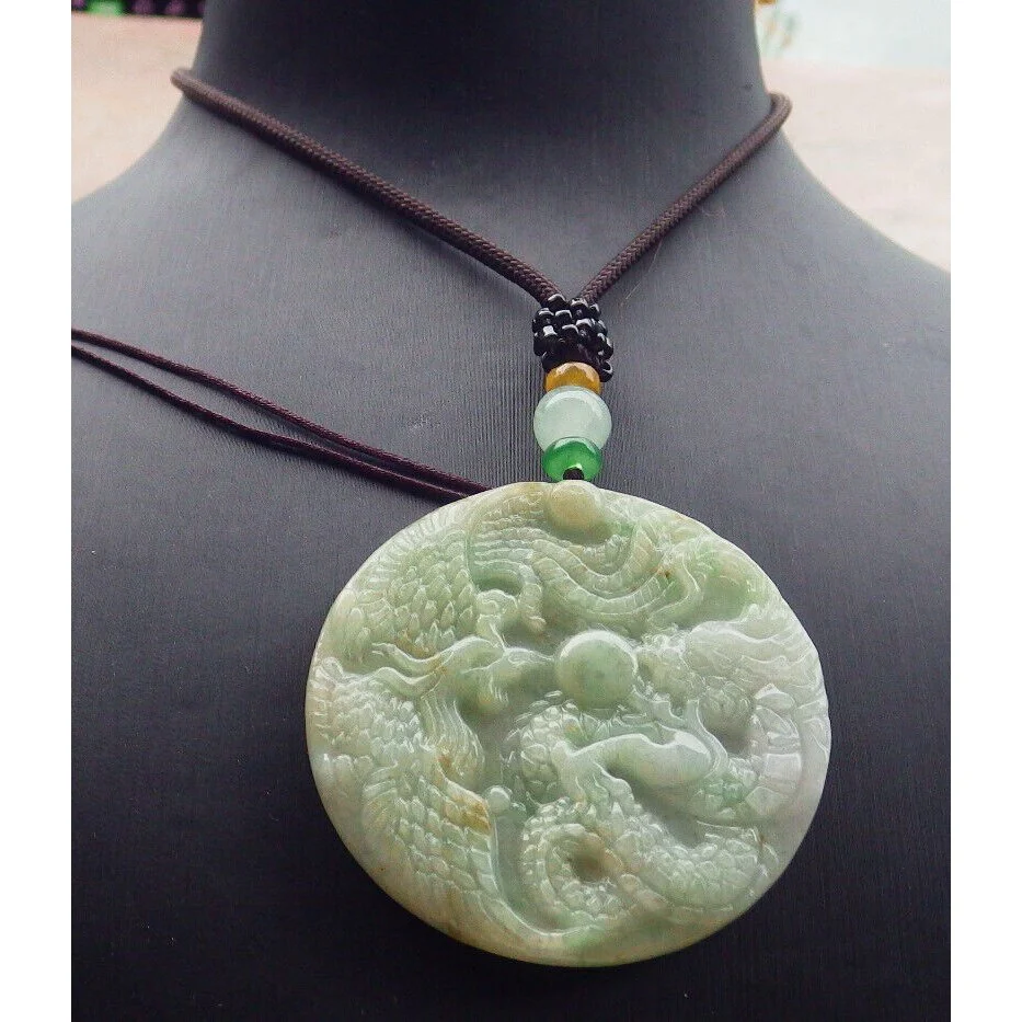 Certified Green Natural Burma A Jade Jadeite Pendant Dragon Phoenix Necklace - Image 2