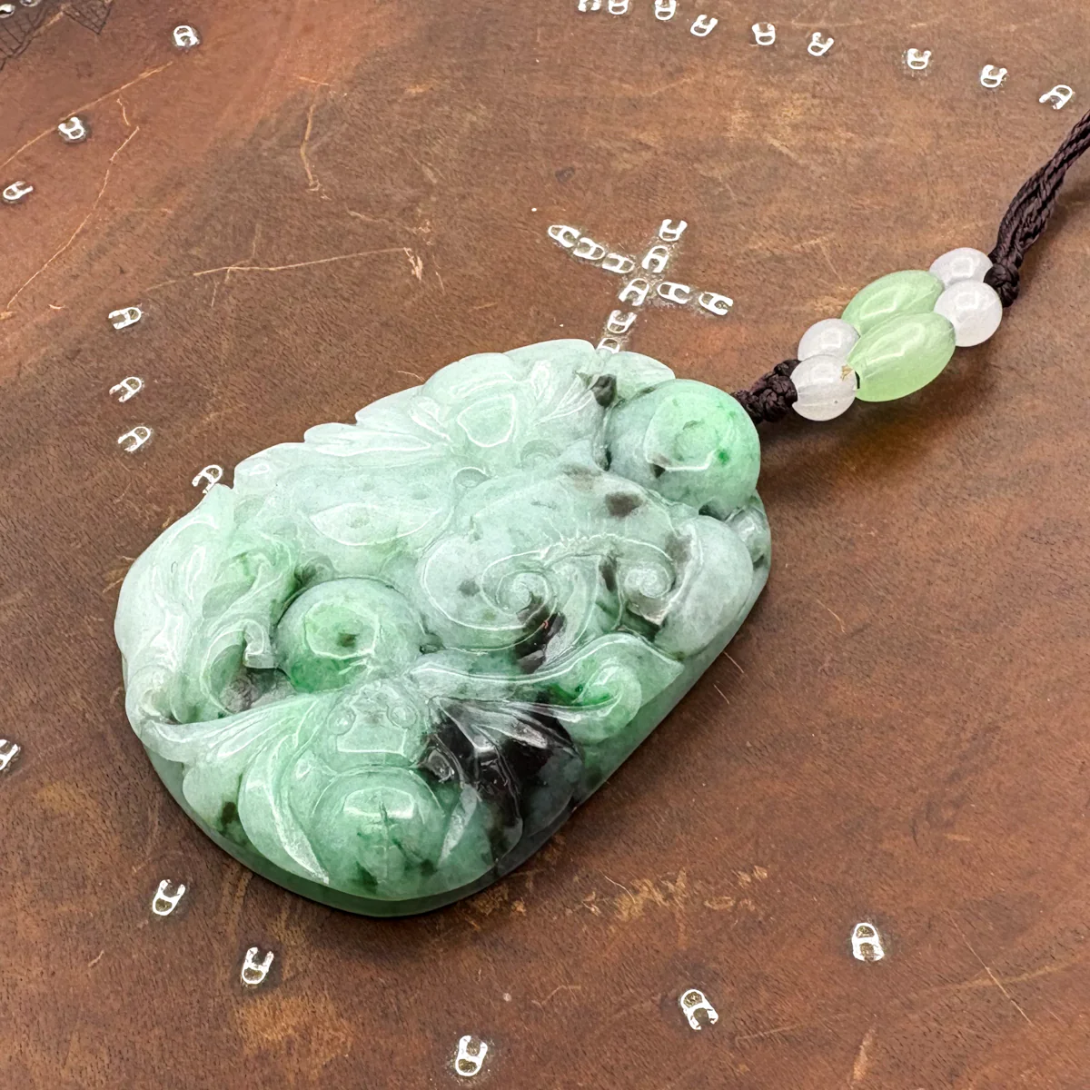 Certified Green Natural Type A Jade Jadeite Carved Bat Coin Ruyi Pendant - Image 3