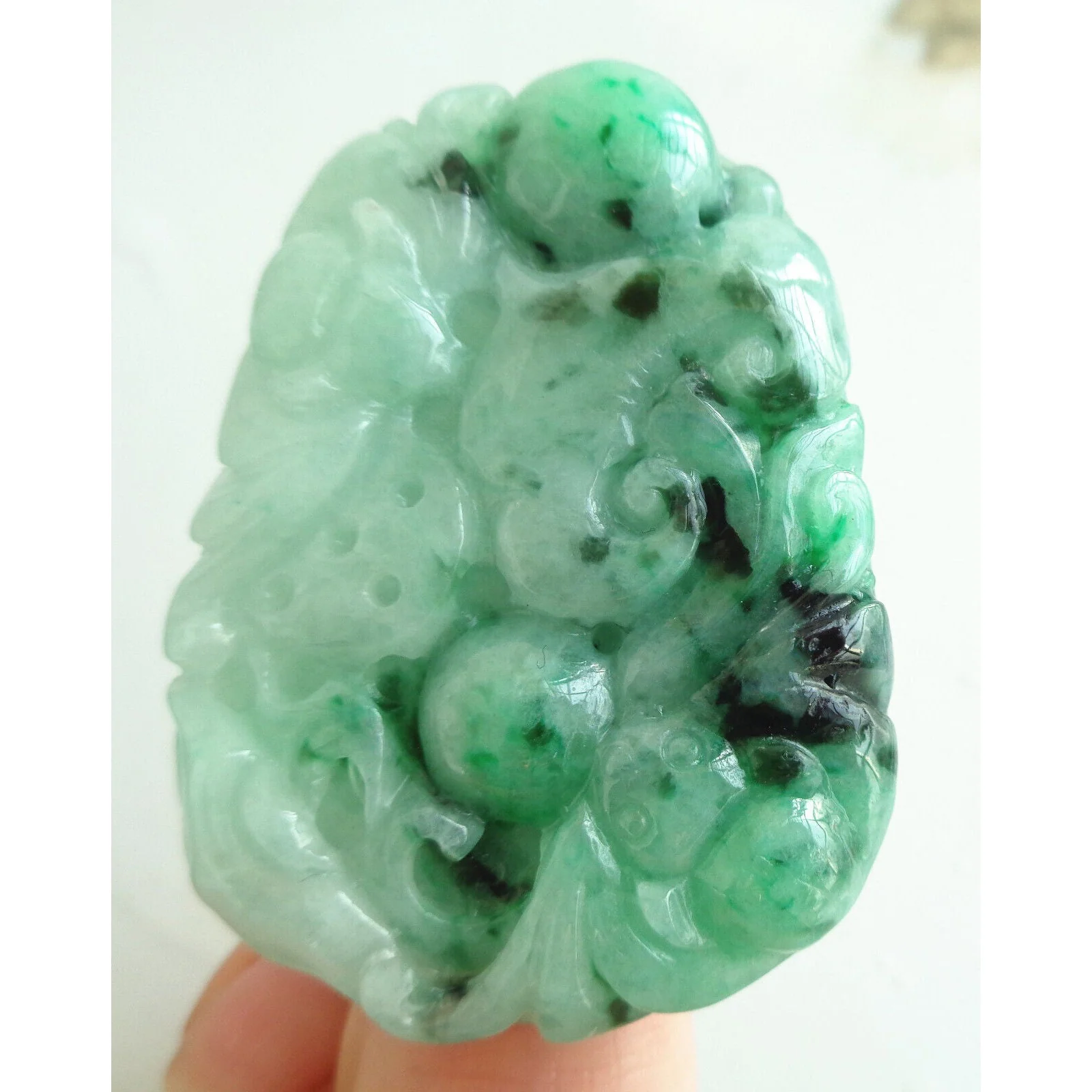Certified Green Natural Type A Jade Jadeite Carved Bat Coin Ruyi Pendant - Image 9